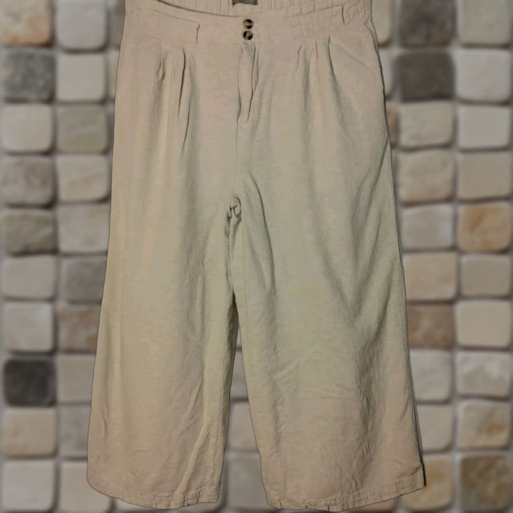 Vintage Cabin Creek Pants Wide Leg Cropped Linen Rayon Tan L Relaxed Women's Wide Leg Cropped Pockets Comfort Natural 34" Inseam 23" Spring Summer Fall Size 36" / US 14 / IT 50 - 1 Thumbnail