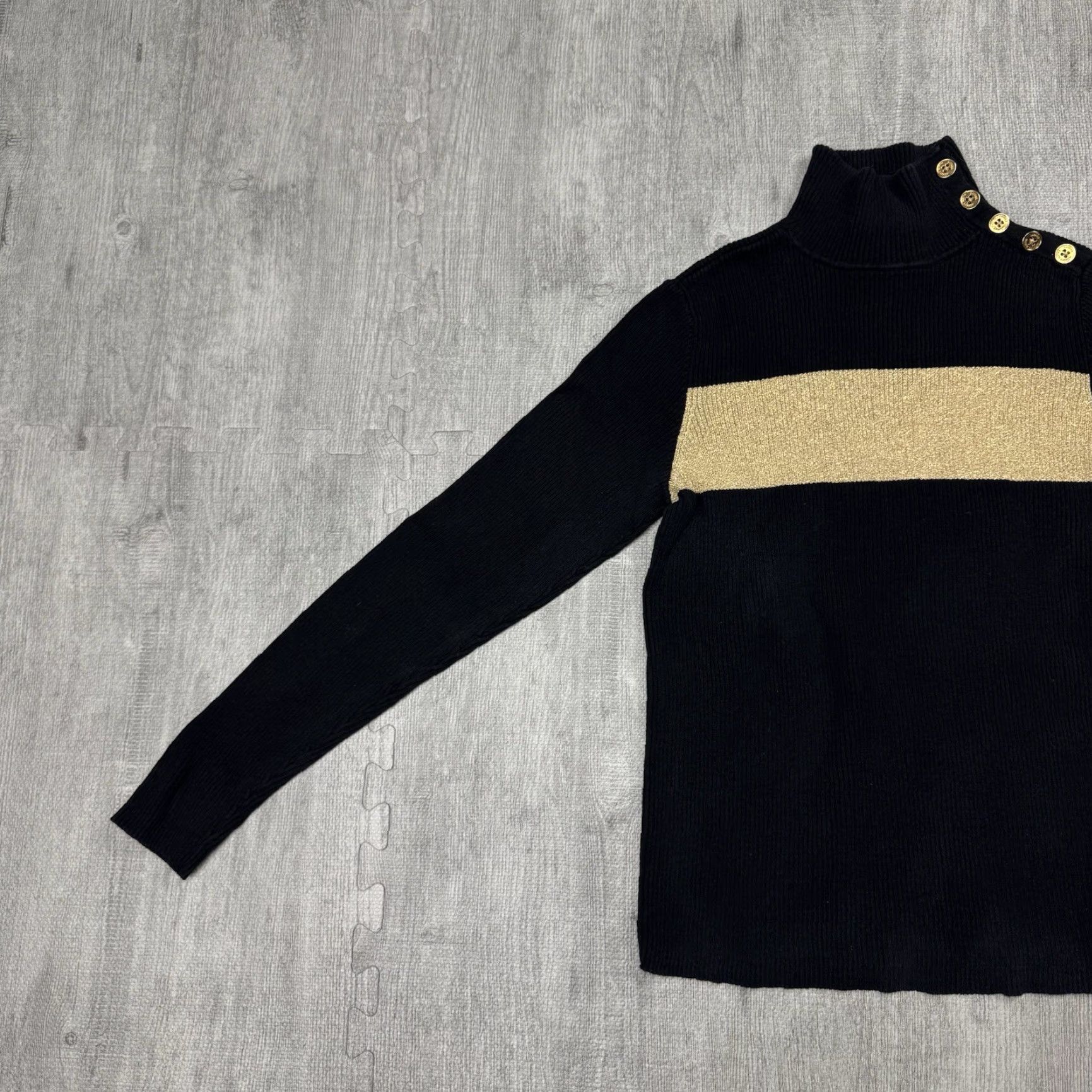 Ralph Lauren Lauren Ralph Lauren Black with Gold Metallic Stripes Turtleneck Cable-Knit Dolman Sleeve Sweater - Women, Size M, Classic Fit Size M / US 6-8 / IT 42-44 - 5 Thumbnail