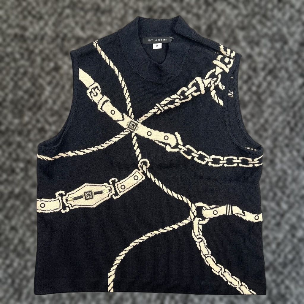 ST. JOHN Black Knit Tank Top Sleeveless Mock Neck Medium Womens Classic Equestrian