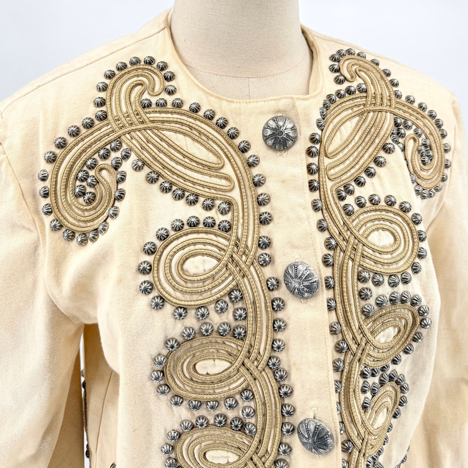 Double D Ranch Vintage 90s Cream 100% Cotton Studded Western Cropped Jacket Size M / US 6-8 / IT 42-44 - 2 Thumbnail