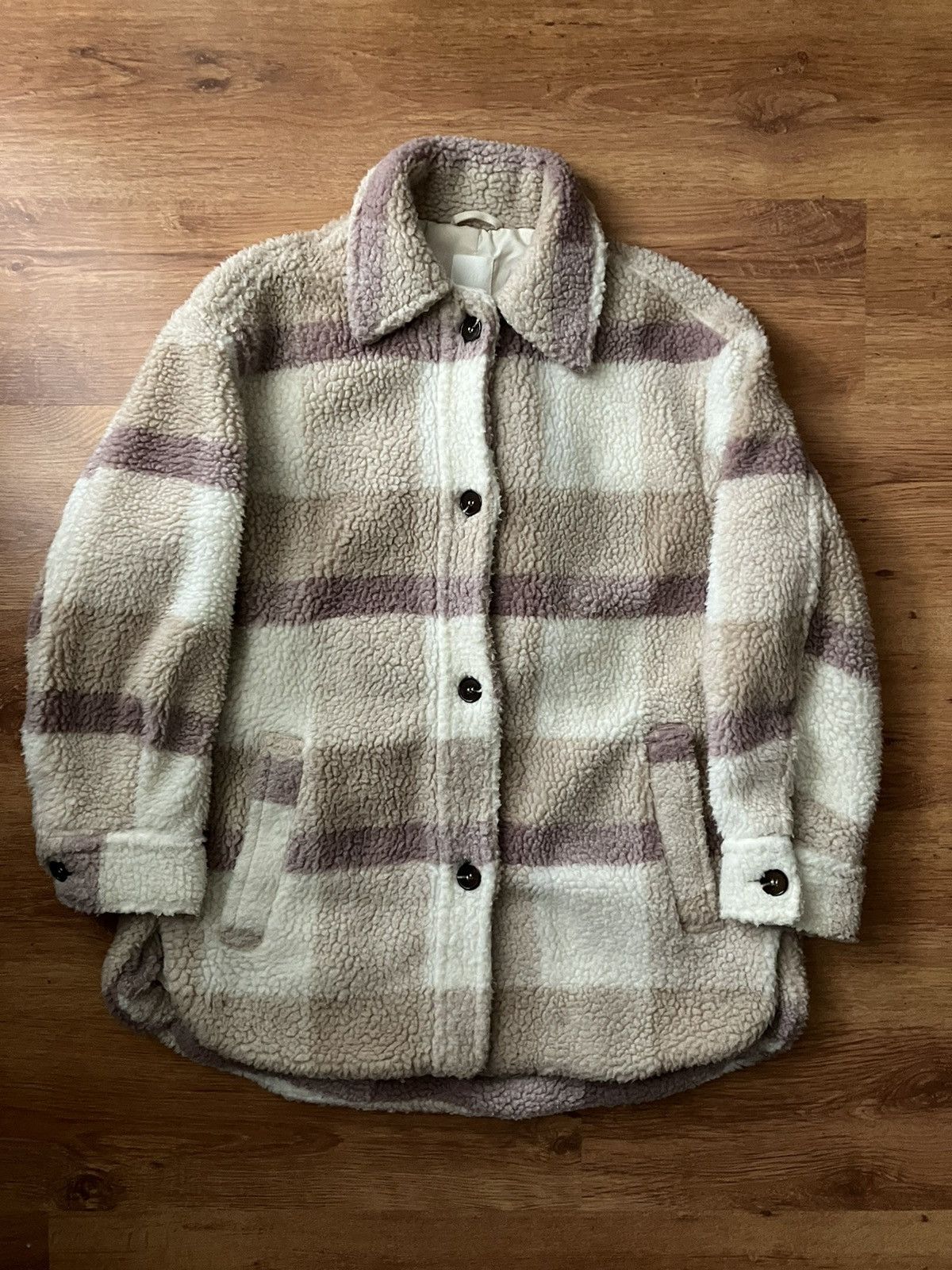H&M Beige Checkered Fur Sherpa Coat H&M Size S Oversize Casual Size S / US 4 / IT 40 - 1 Thumbnail