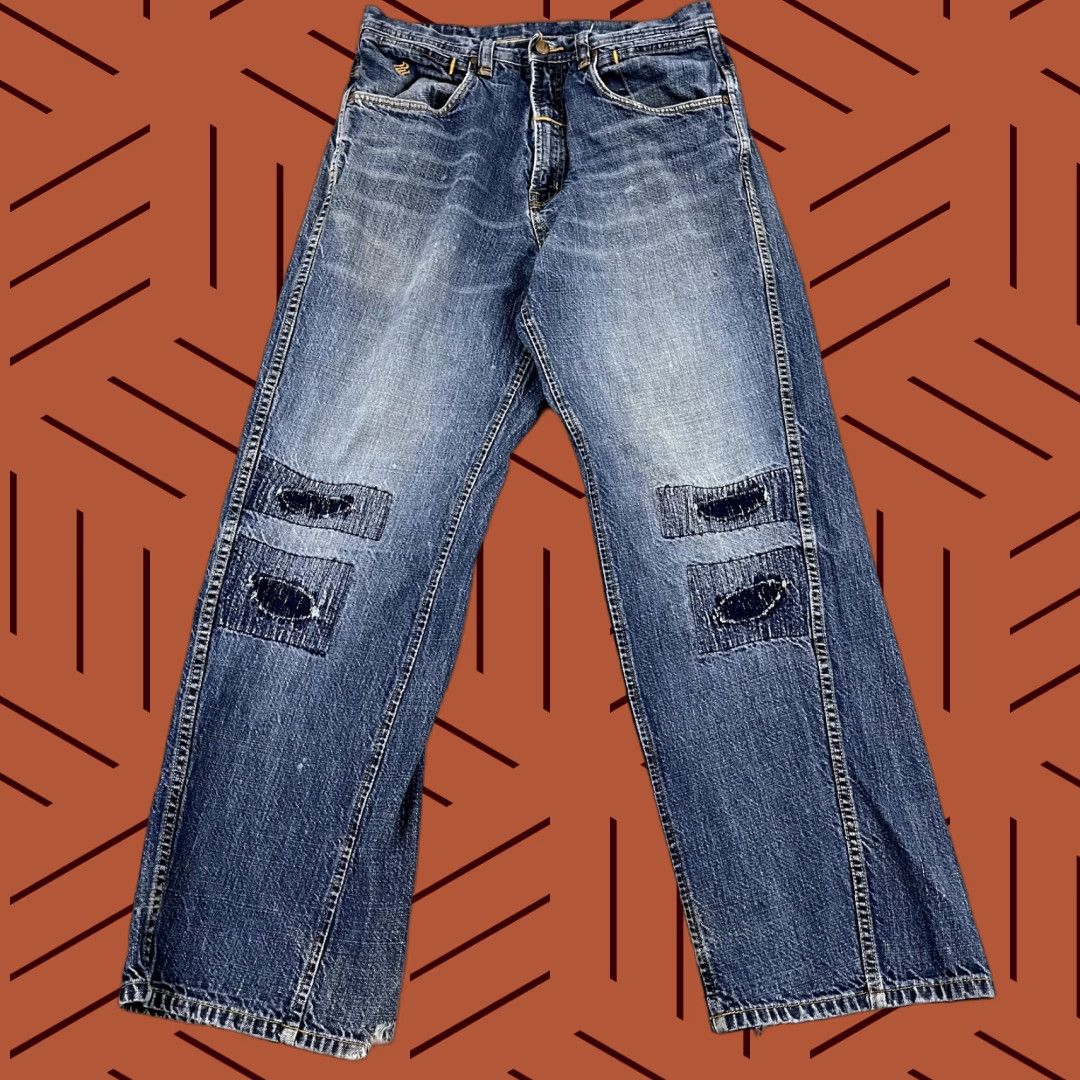 ROCAWEAR Jeans Mens 32x31 Denim Grunge Patchwork Wide-Leg Distressed Y2K Mens Wide-Leg Jeans Blue 32 Men's Fashion Grunge