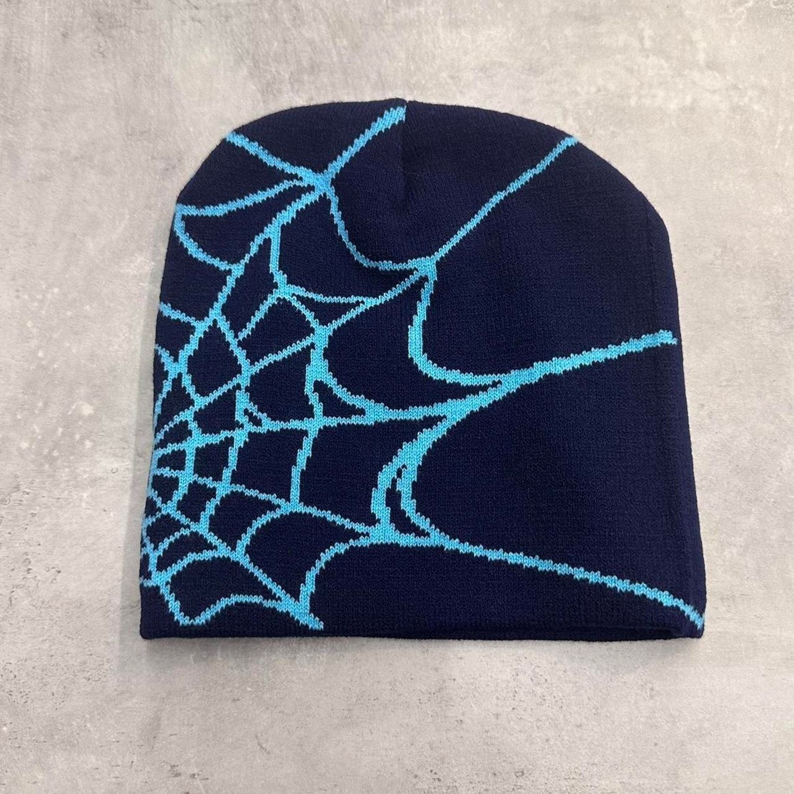 Vintage Blue and Navy Spider Web Acrylic Graphic Beanie Hat Size ONE SIZE - 1 Thumbnail