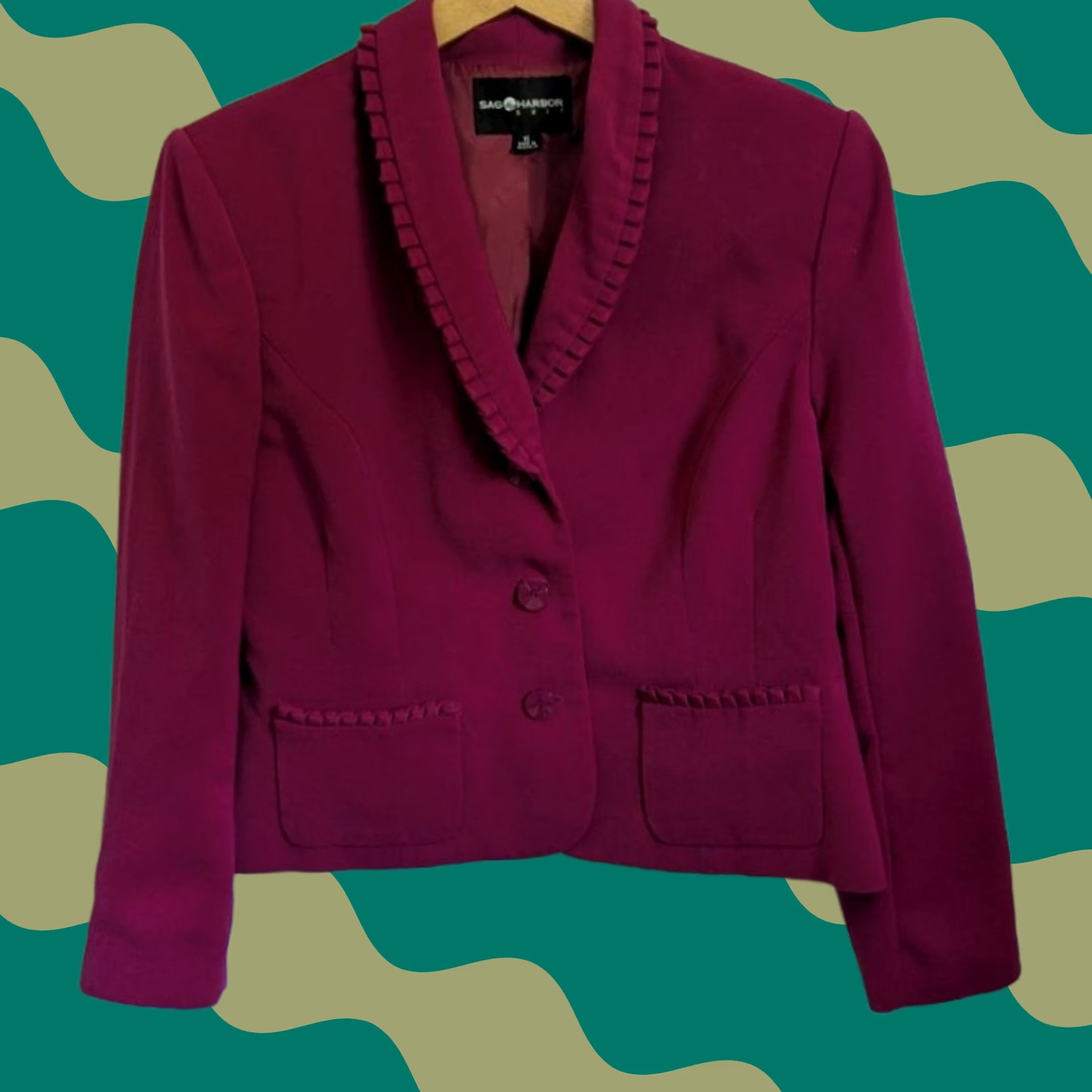 Vintage Sag Harbor Womens Blazer Jacket Pink Shawl Collar Ruffle Trim Professional 16 Size XXL / US 16-18 / IT 52-54 - 1 Thumbnail