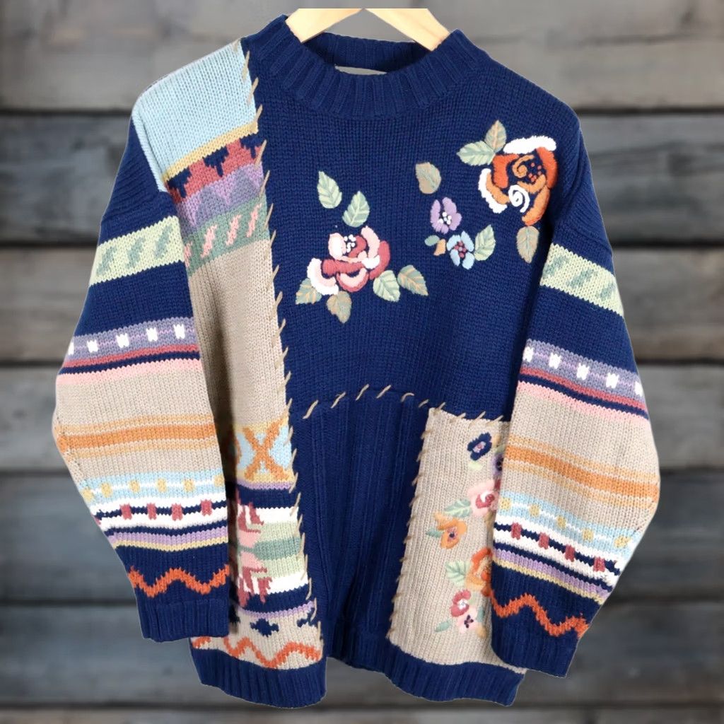 Vintage VINTAGE Together Sweater Women's Large Dark Blue Embroidered Patchwork Floral Knit Geometric 90s Bohemian Crew Neck Wool Blend Casual Pullover Size L / US 10 / IT 46 - 1 Thumbnail