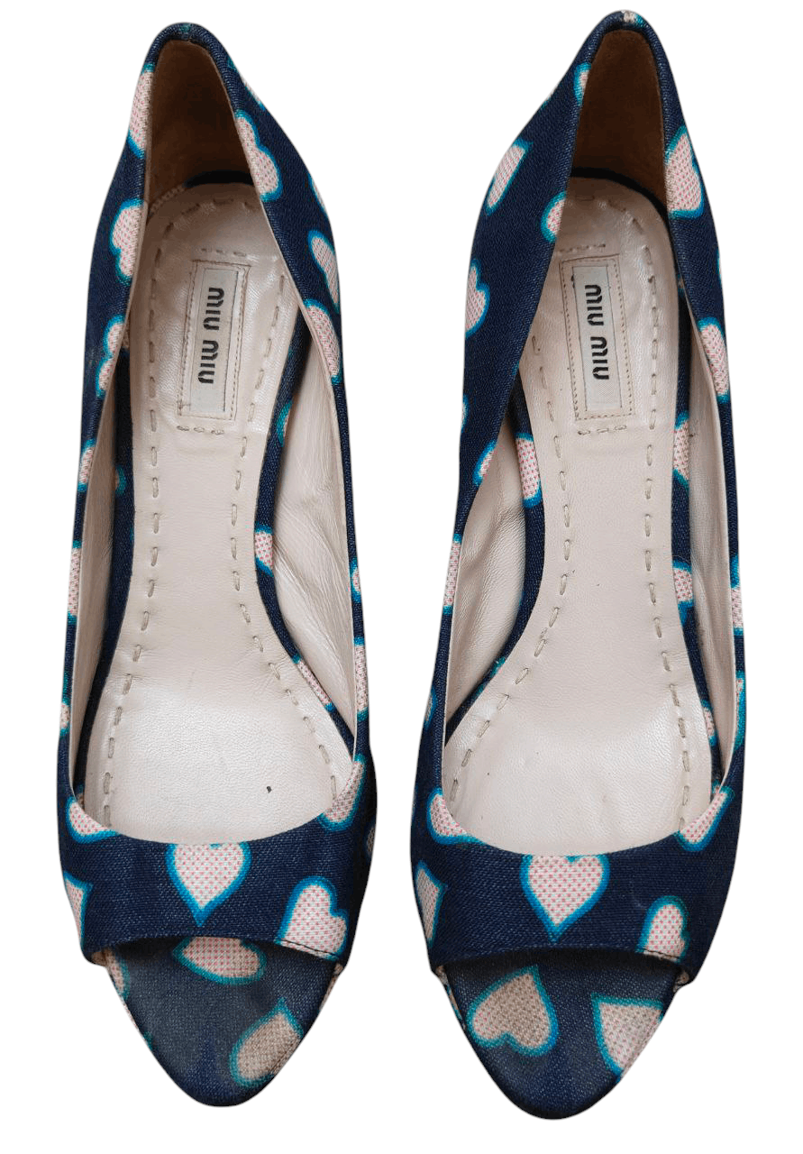 Miu Miu 💥LAST CALL💥 Peep Toe Pumps Blue Denim with Heart Size US 8.5 / IT 38.5 - 4 Thumbnail