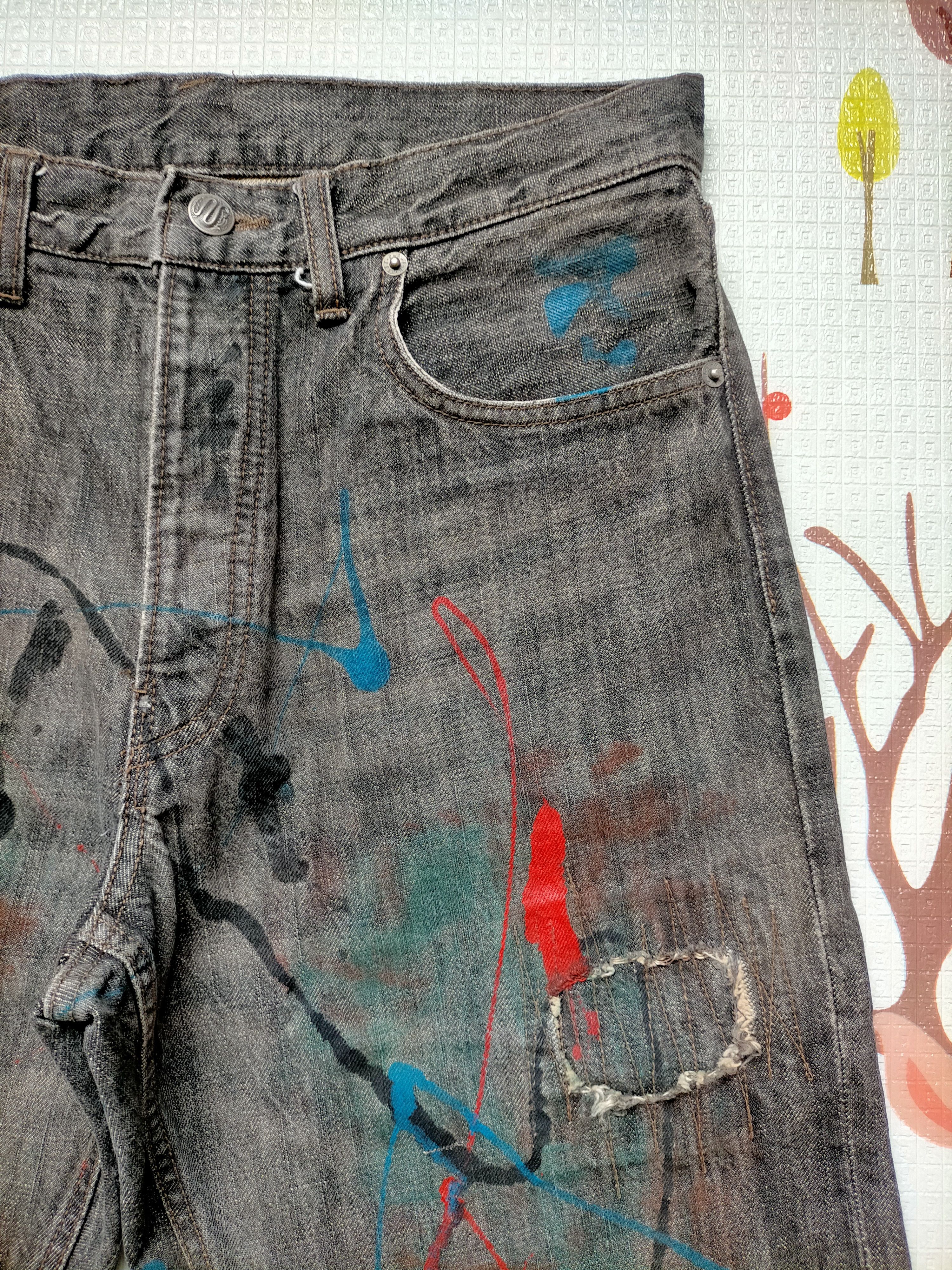 PPFM 🔥Rare ❗PPFM Patchwork Painted Black Button fly jeans Size US 31 - 5 Thumbnail