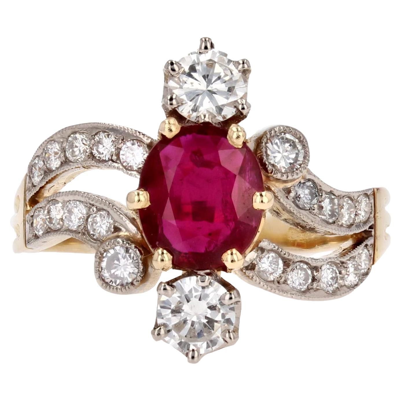 image of Vintage New 1900S Style Ruby Diamonds 18 Karat Yellow Gold Platinum Ring, Women's
