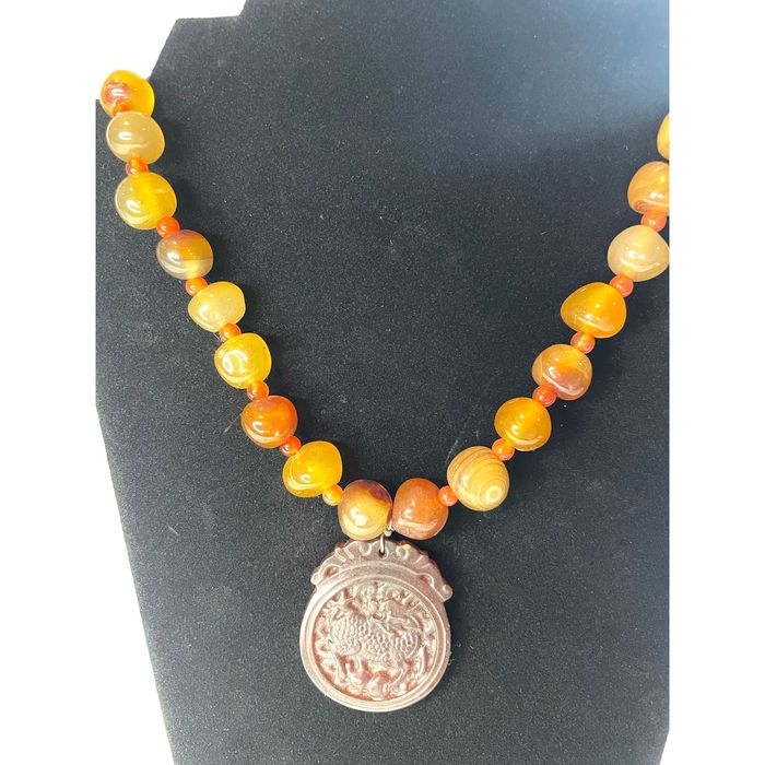 Vintage Carved Asian Carnelian Beaded Dragon Chinese Necklace | Grailed