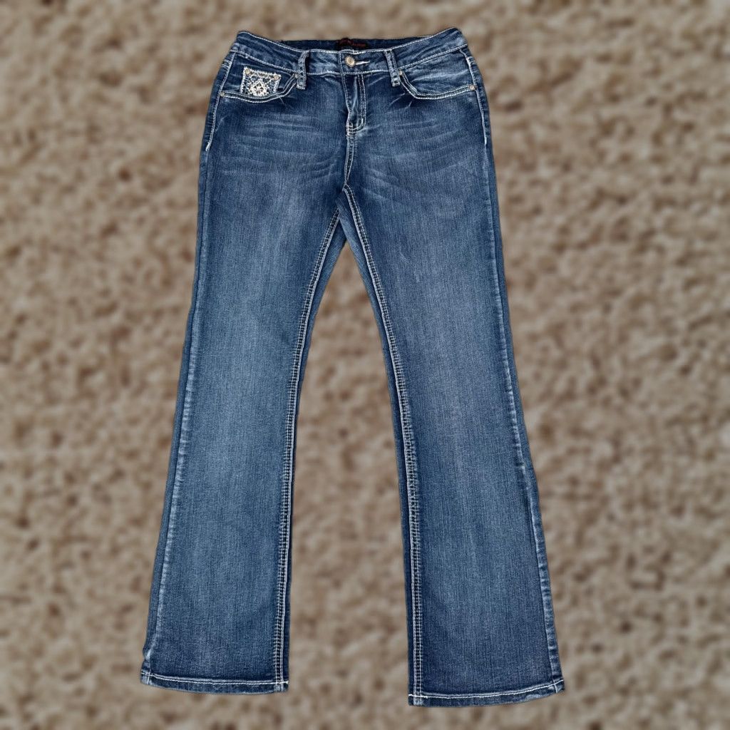 VINTAGE Love Indigo Blue Denim Bootcut Jeans Juniors 16 Low Rise Embroidered Sequin Cotton Blend Girls