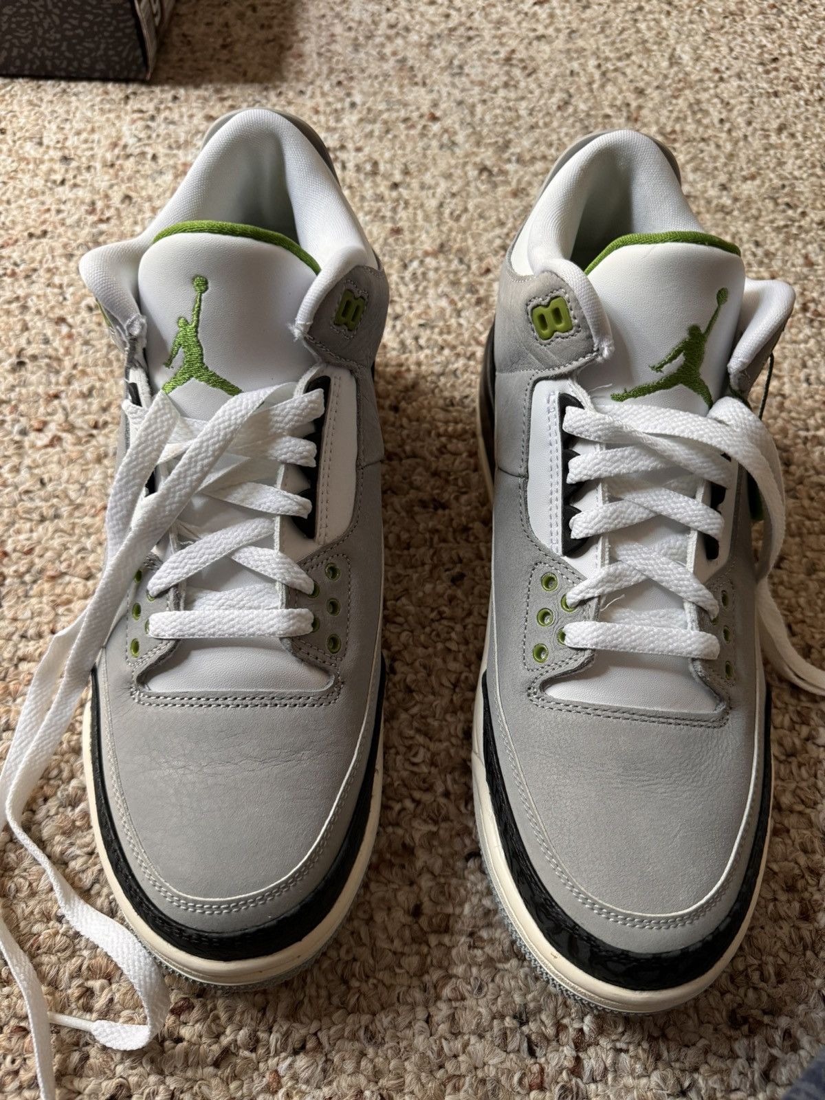 image of Jordan Brand 3 Chlorophyll Shoes in Grey, Men's (Size 9)
