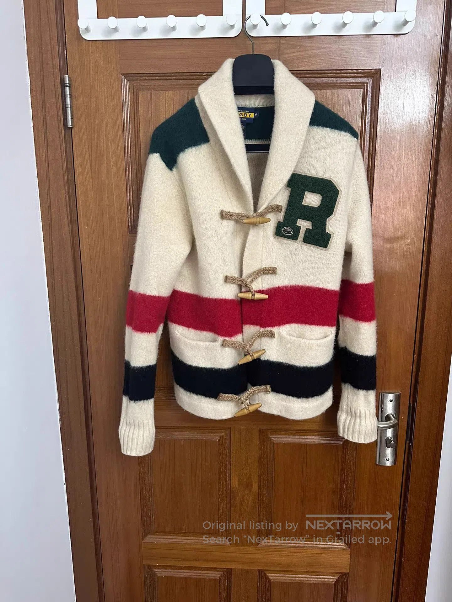 Polo Ralph Lauren White Striped Toggle Button Sweater with 'R' Emblem. Size US M / EU 48-50 / 2 - 1 Thumbnail