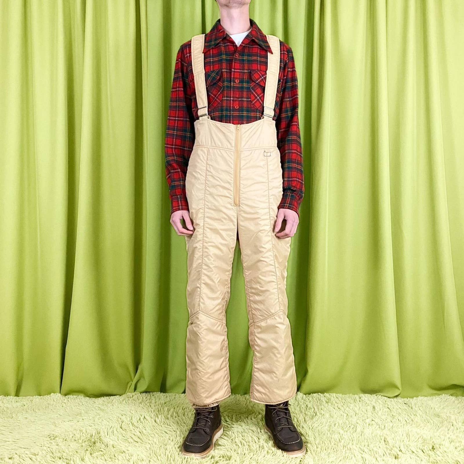 70s Vintage Beige Tan Quilted Insulated Overall Snowpants