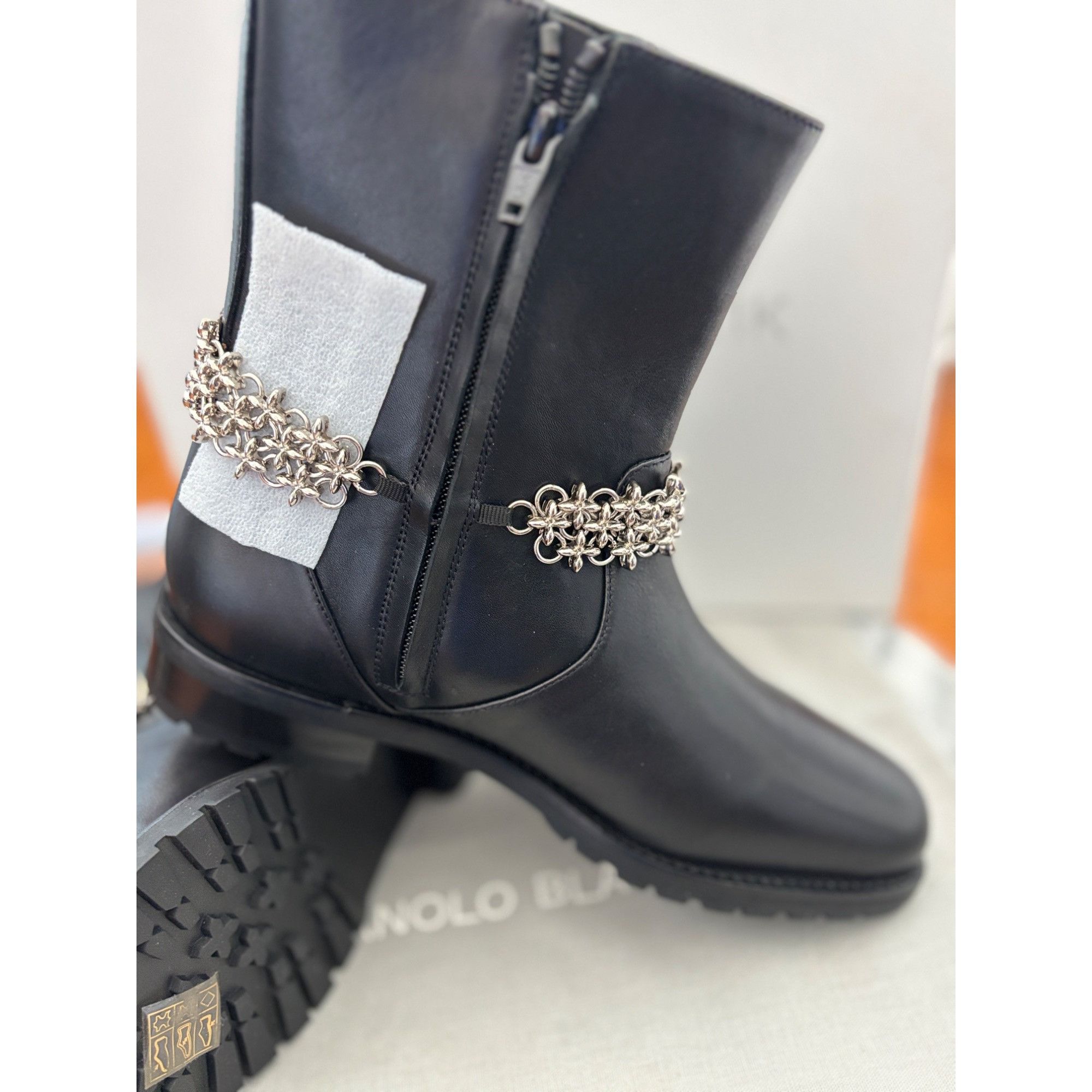 Manolo Blahnik Manolo Blahnik Black Leather Ankle Boots With Silver Chain E Size US 7.5 / IT 37.5 - 19 Thumbnail
