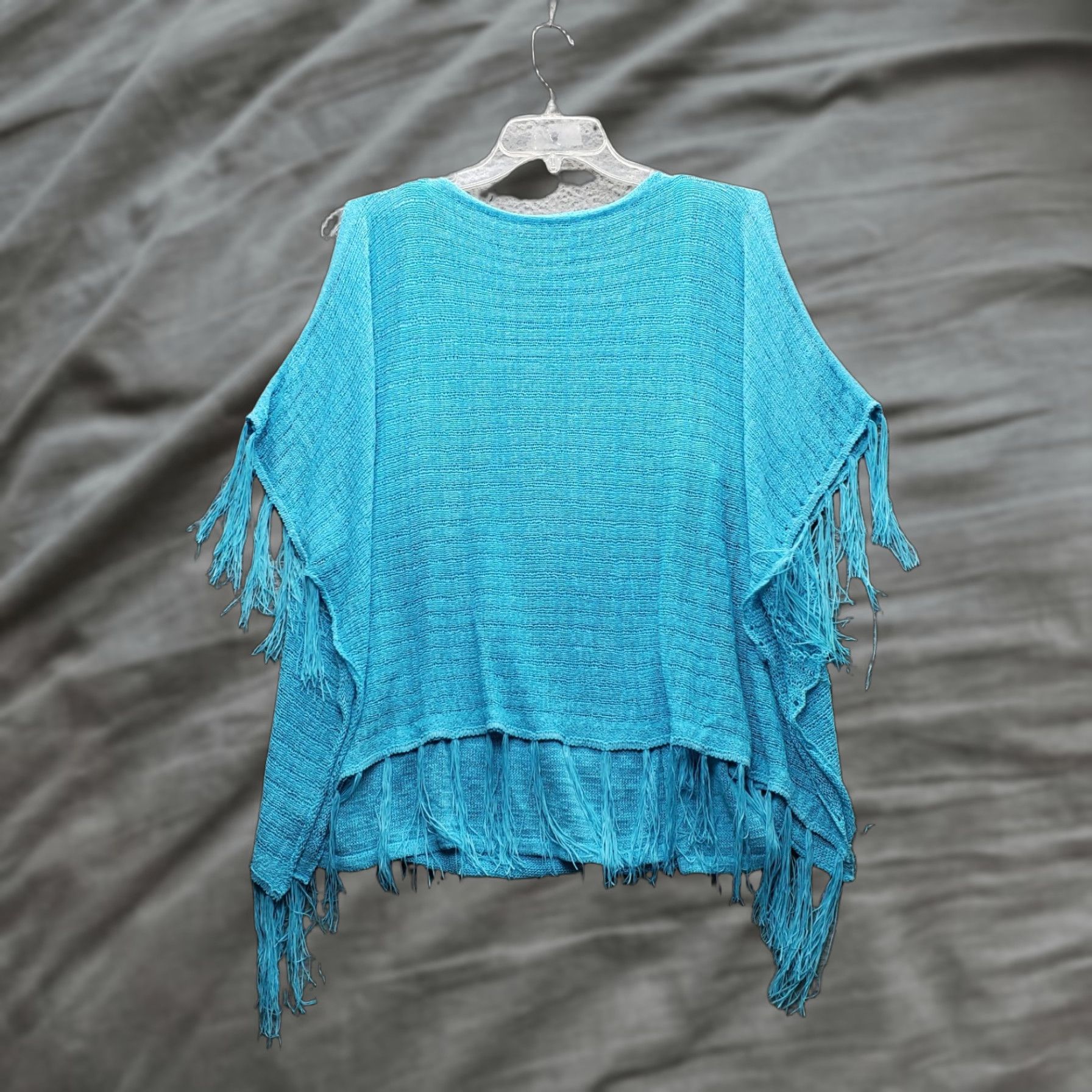Vintage Chico's Turquoise Poncho Fringe Sweater Womens L Blue Cold Shoulder Sleeve Size L / US 10 / IT 46 - 1 Thumbnail
