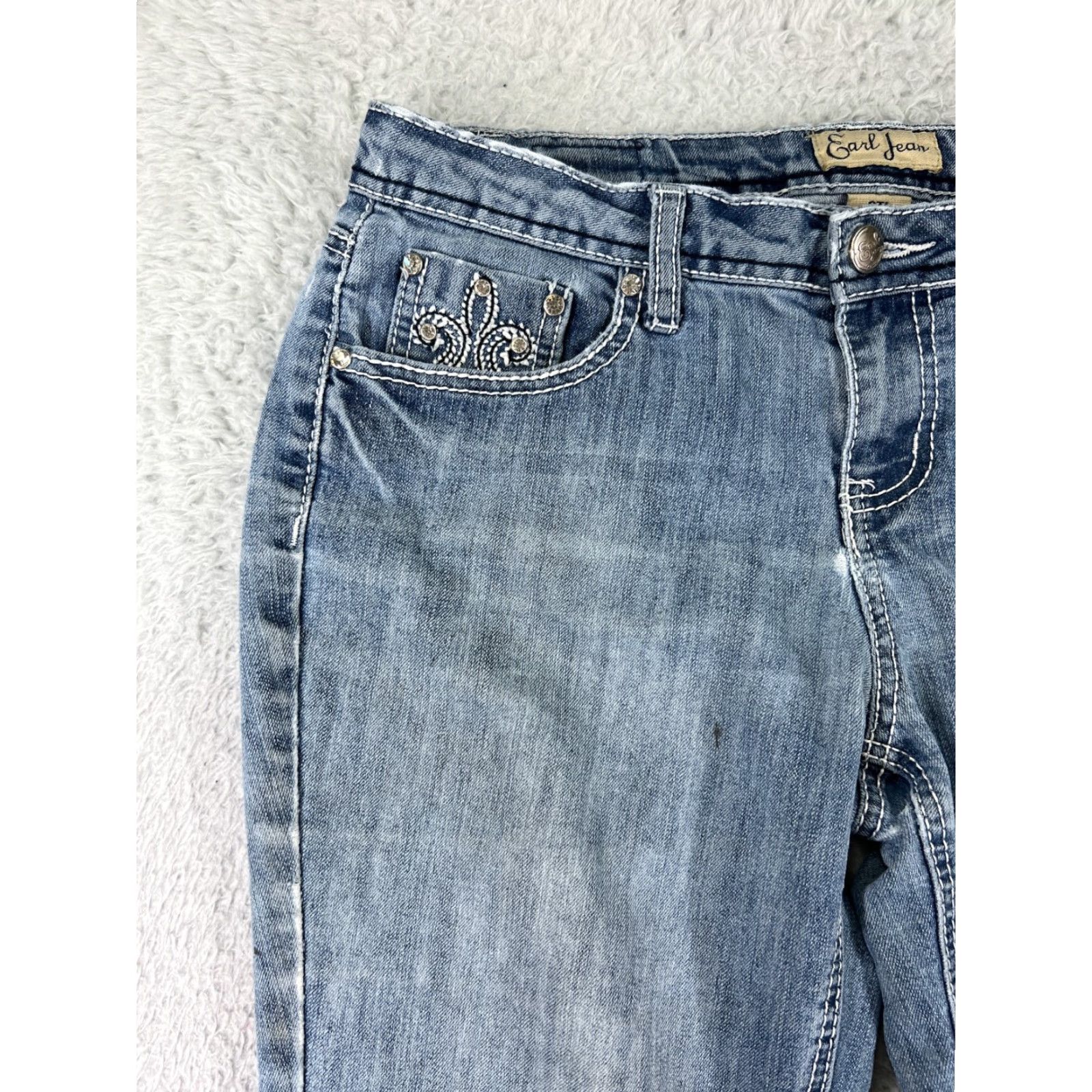 Vintage Earl Jean Jeans Women 6 Tall Blue Denim Boot Mid Rise Bling Embroidered Stretch Shirt? Size 28" / US 6 / IT 42 - 5 Thumbnail
