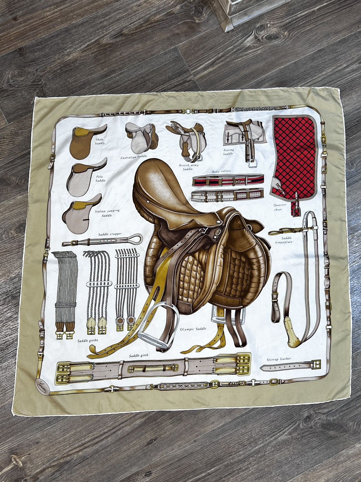 Gucci × Vintage Vintage Gucci Beige Horse Saddle Equestrian Silk Scarf Size ONE SIZE - 1 Thumbnail