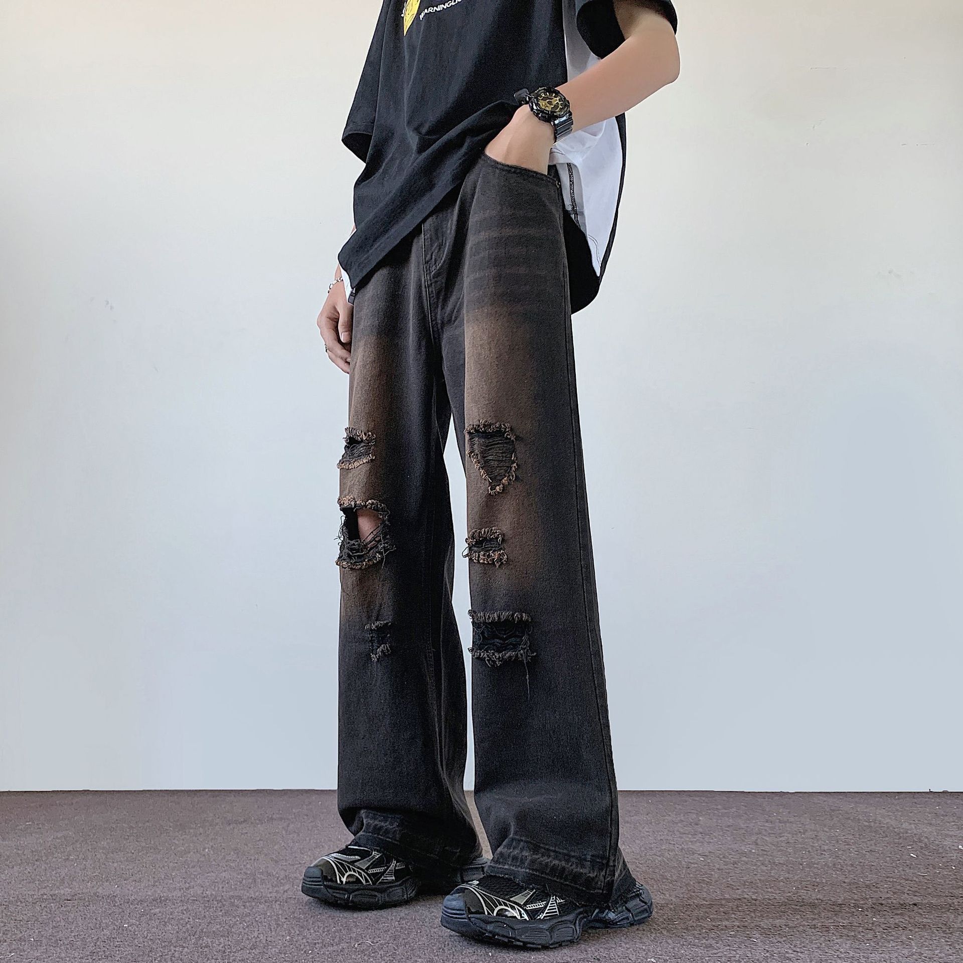 Japanese Brand × Jean Retro loose wide leg fringed ripped jeans Size US 32 / EU 48 - 2 Thumbnail