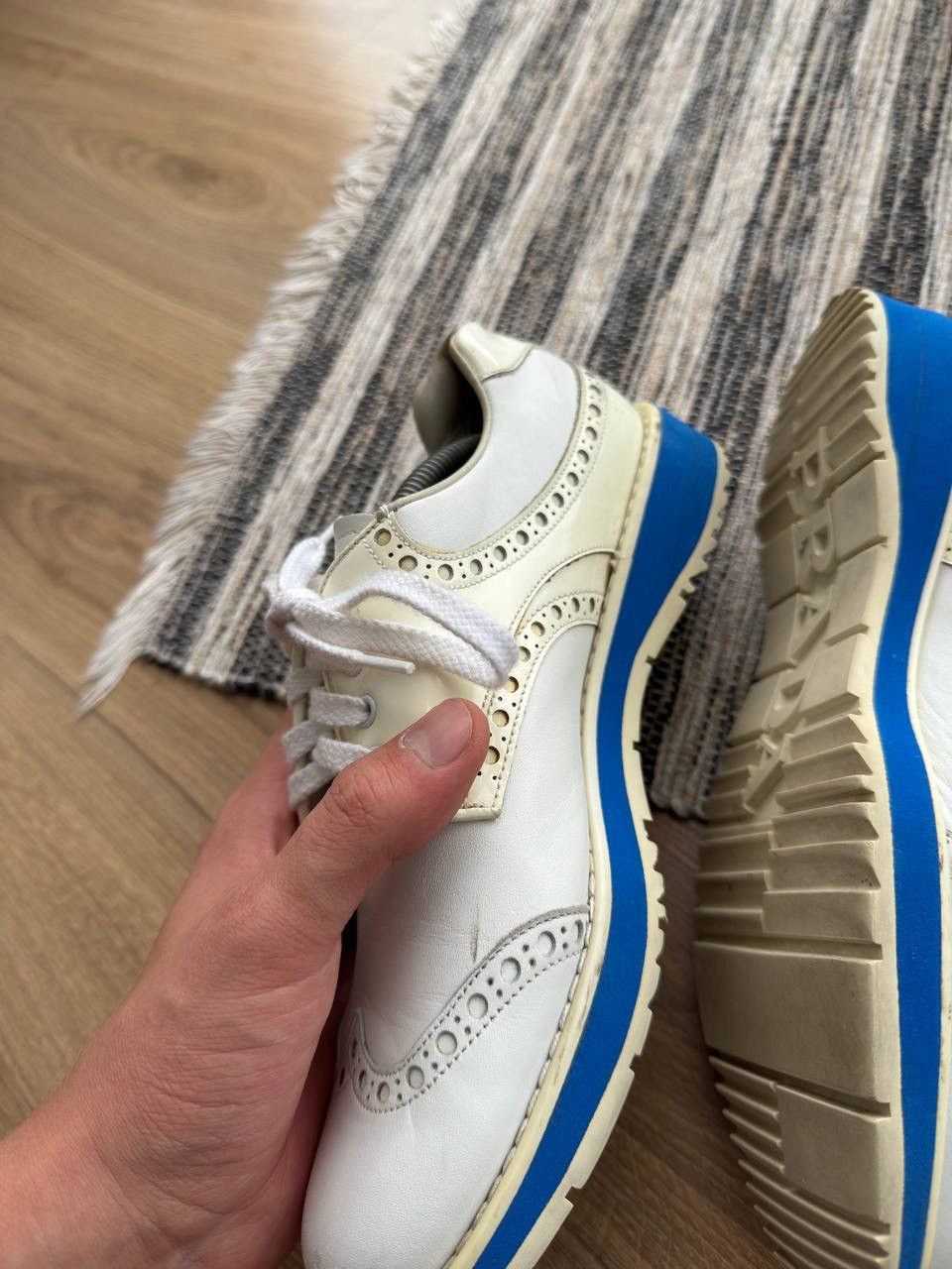 Prada PRADA WOOMEN’S WHITE LEATHER WINGTIP LACE UP OXFORD SHOES Size US 7.5 / IT 37.5 - 10 Thumbnail