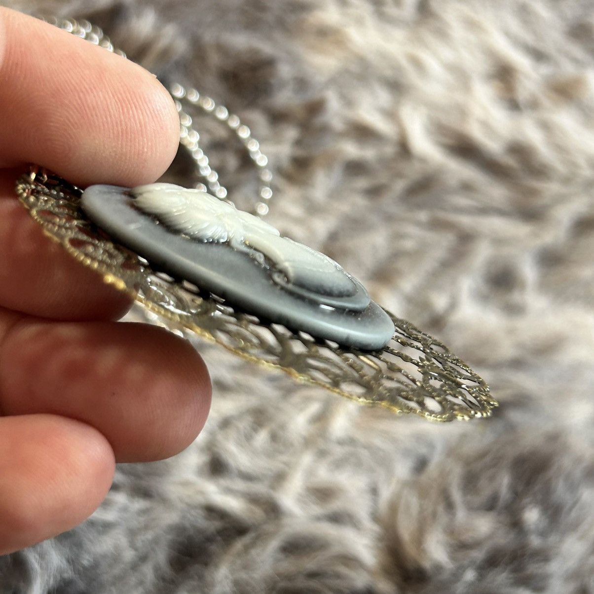 Handmade Handcrafted opalescent resin cameo brass filigree necklace Size ONE SIZE - 6 Thumbnail