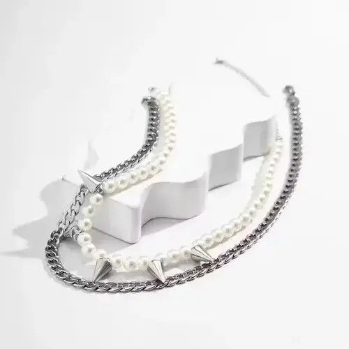 Jewelry × Vintage Layered Pearl Beads Chain with Spikes Short Choker Necklace Size ONE SIZE - 2 Thumbnail