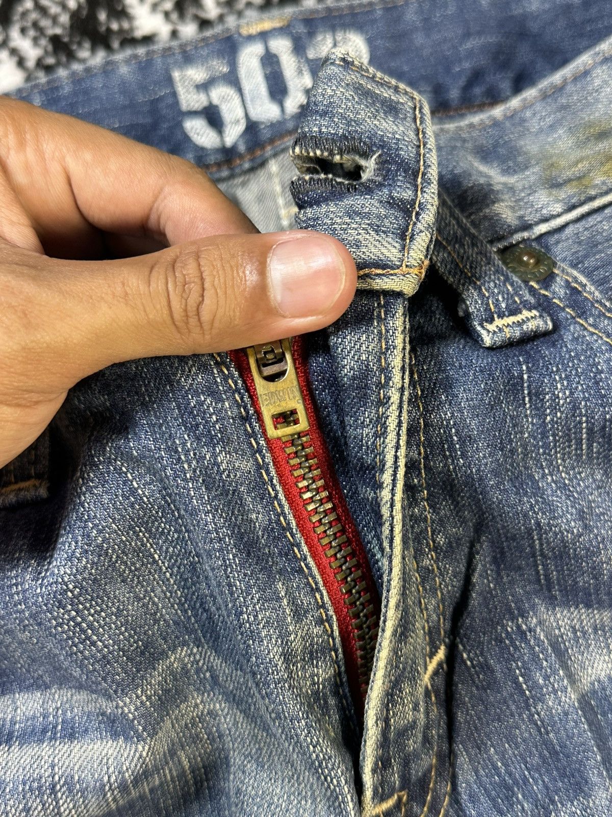 If Six Was Nine 2000s Flare Edwin 503 Blue Trip Distressed Denim Size US 30 / EU 46 - 7 Thumbnail