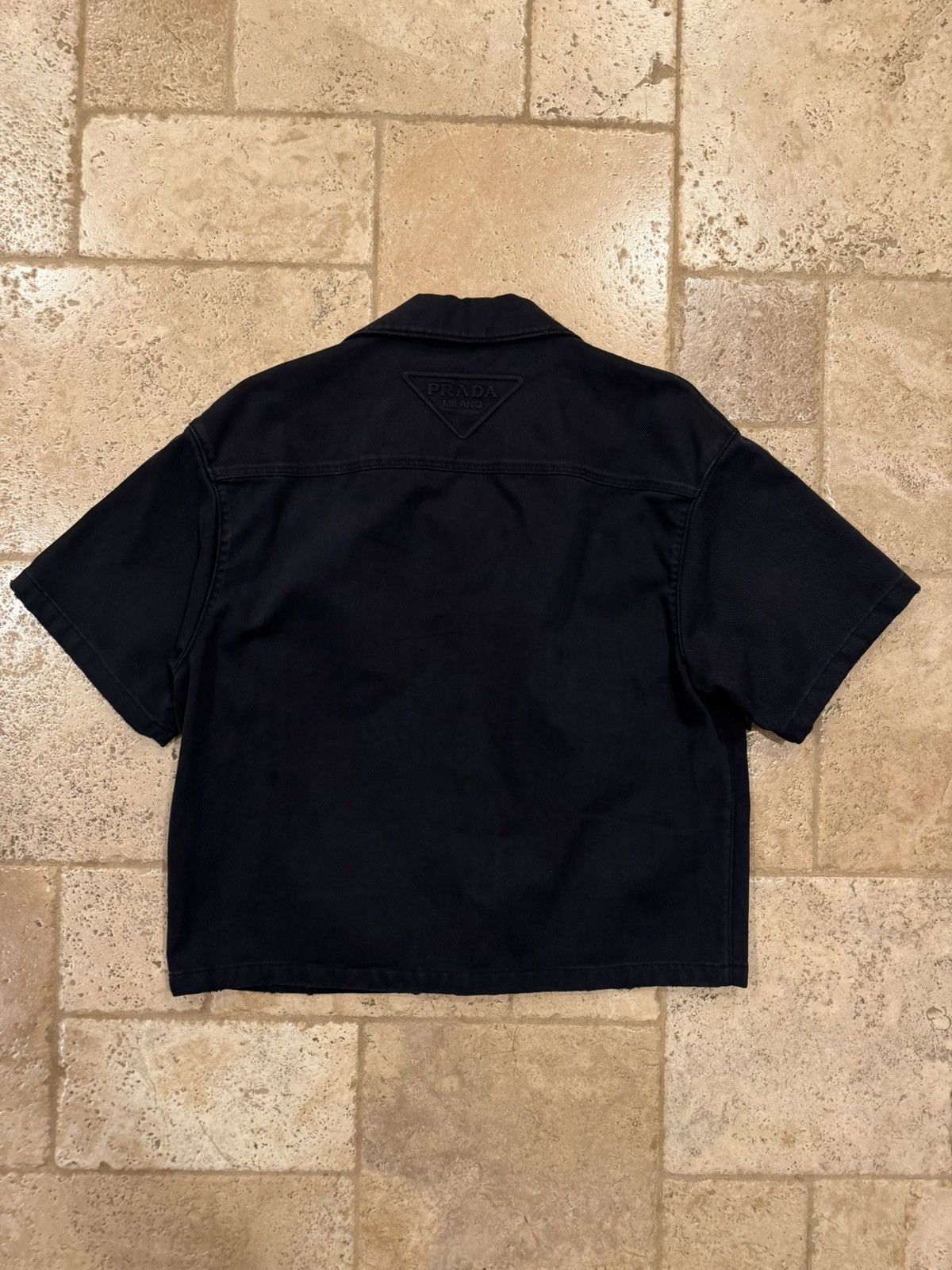 Prada Prada Black Denim Distressed Back Logo Button Bowling Shirt Size US M / EU 48-50 / 2 - 8 Thumbnail