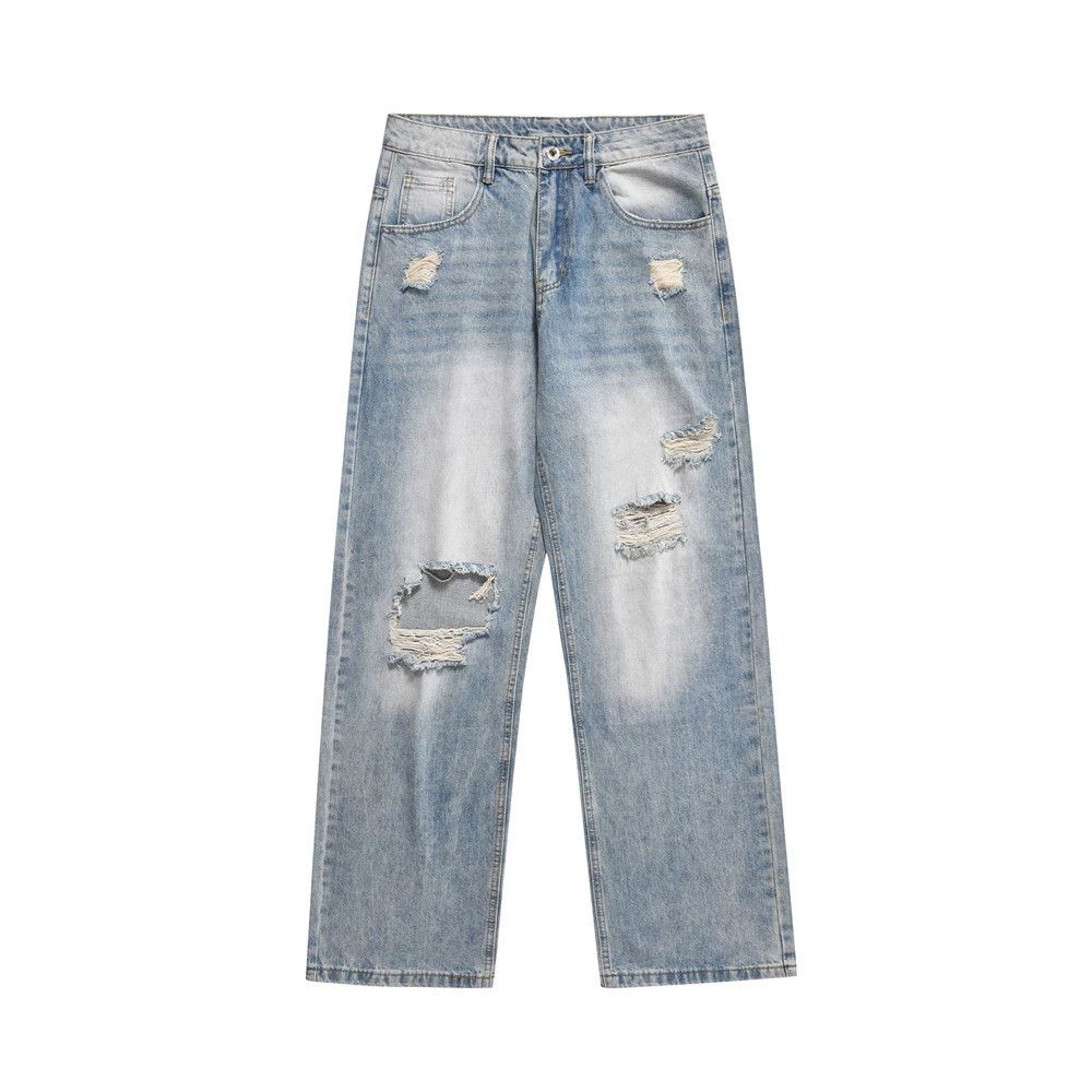 Vintage Men's loose all-match straight washed ripped jeans Size US 32 / EU 48 - 1 Thumbnail