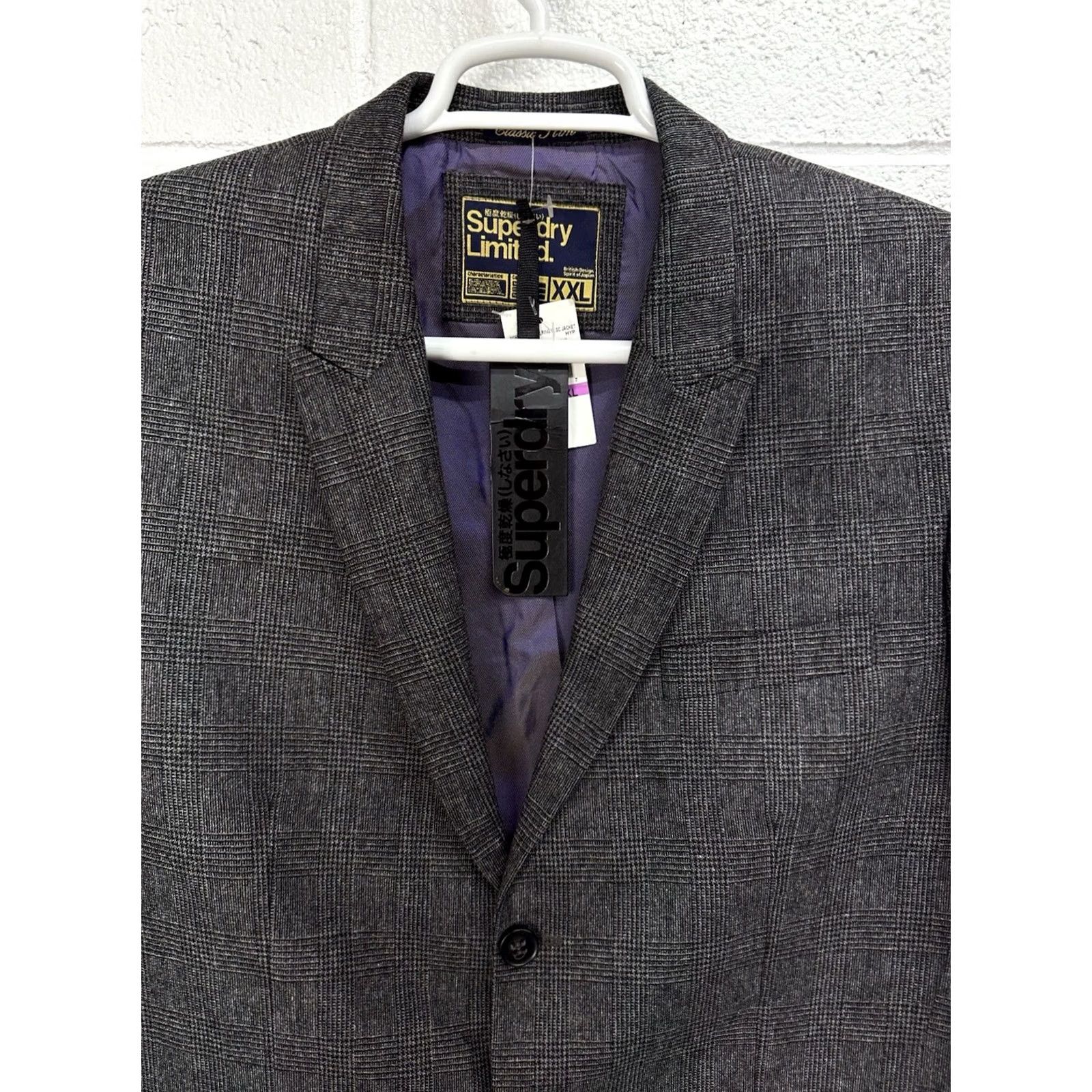 Superdry Superdry Blazer Slim Grey Wool Plaid Check Classic Sport Coat 2XL Mens Size 48R - 2 Thumbnail