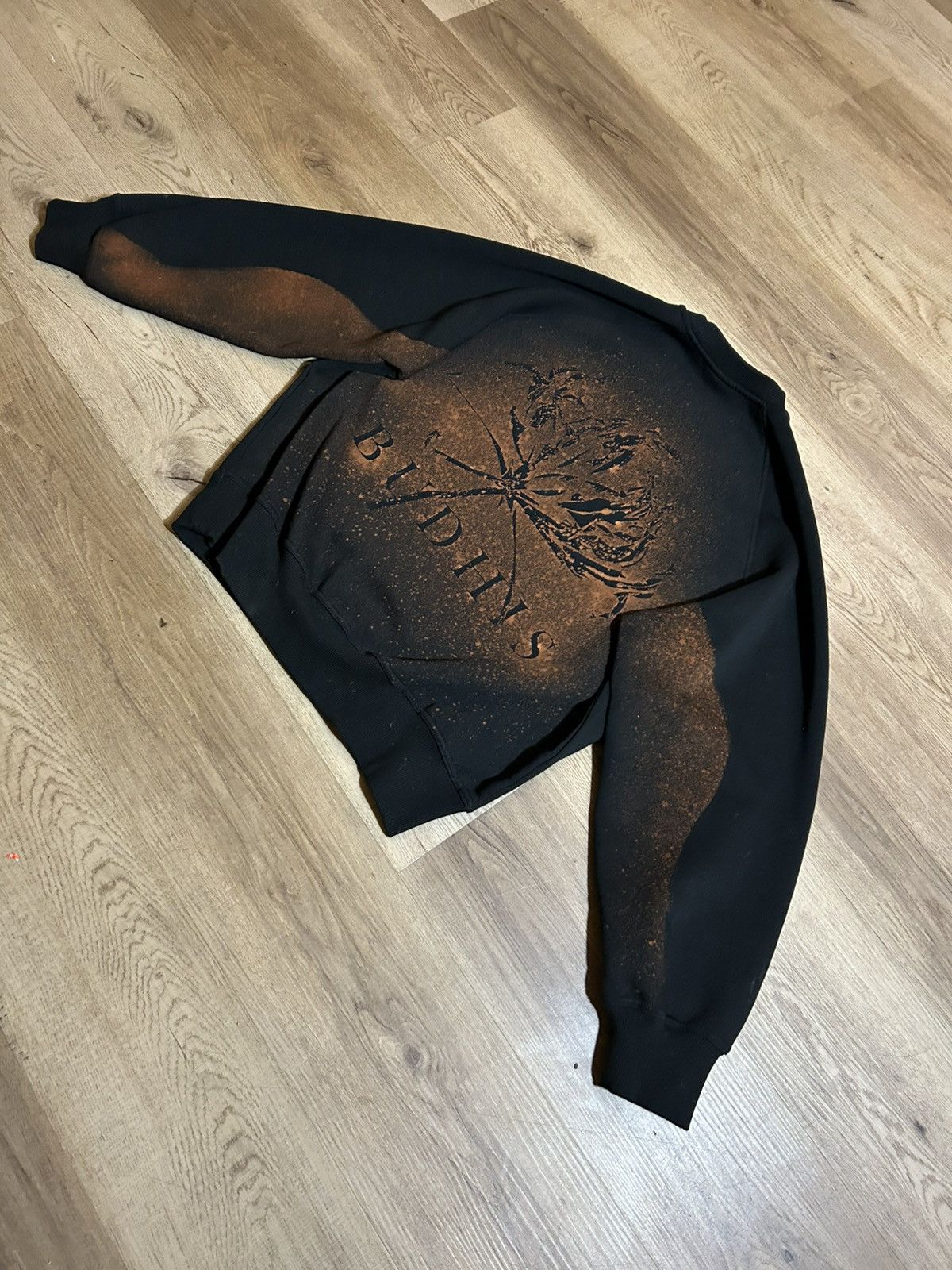 BUDHIS Hand-Distressed Black Crewneck – Botanical Bleach Dye