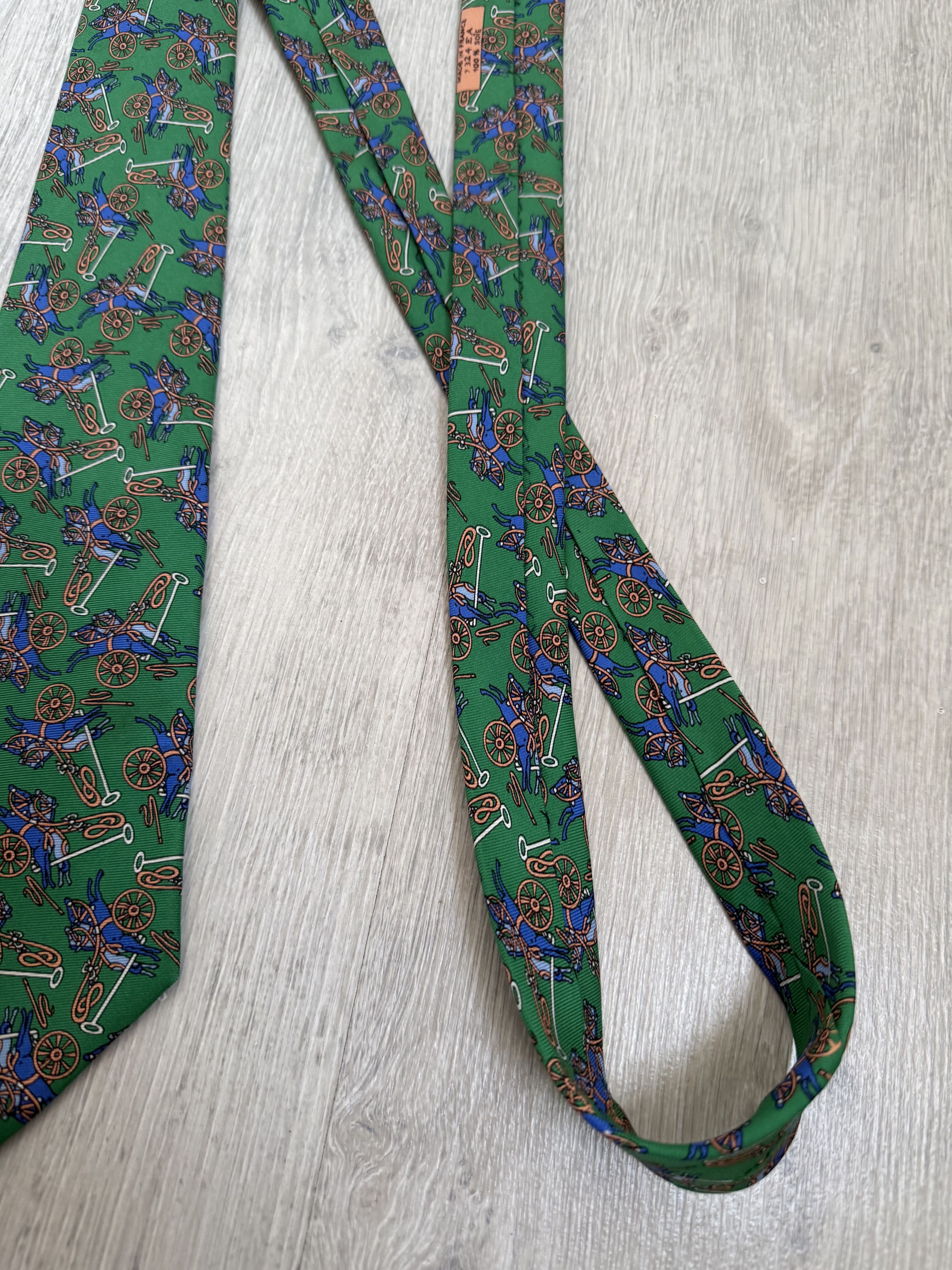Hermes Hermes Paris Silk Tie Green Equestrian Horse Carriage Print Size ONE SIZE - 6 Thumbnail