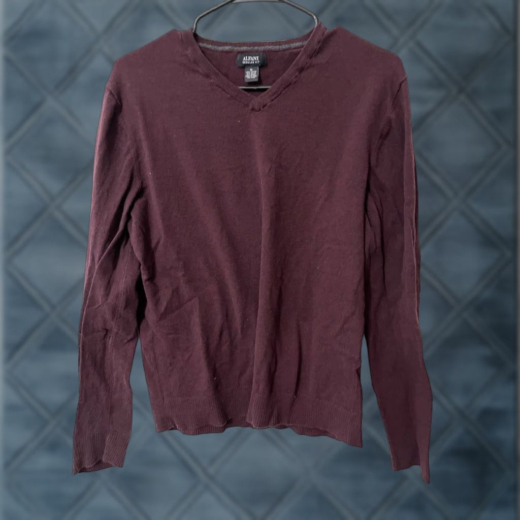 Alfani VINTAGE Alfani Sweater Shirt Long Sleeve V-Neck Cotton Red M Mens Regular Fit Maroon Top - 1980s Concert Knit Size US M / EU 48-50 / 2 - 1 Thumbnail