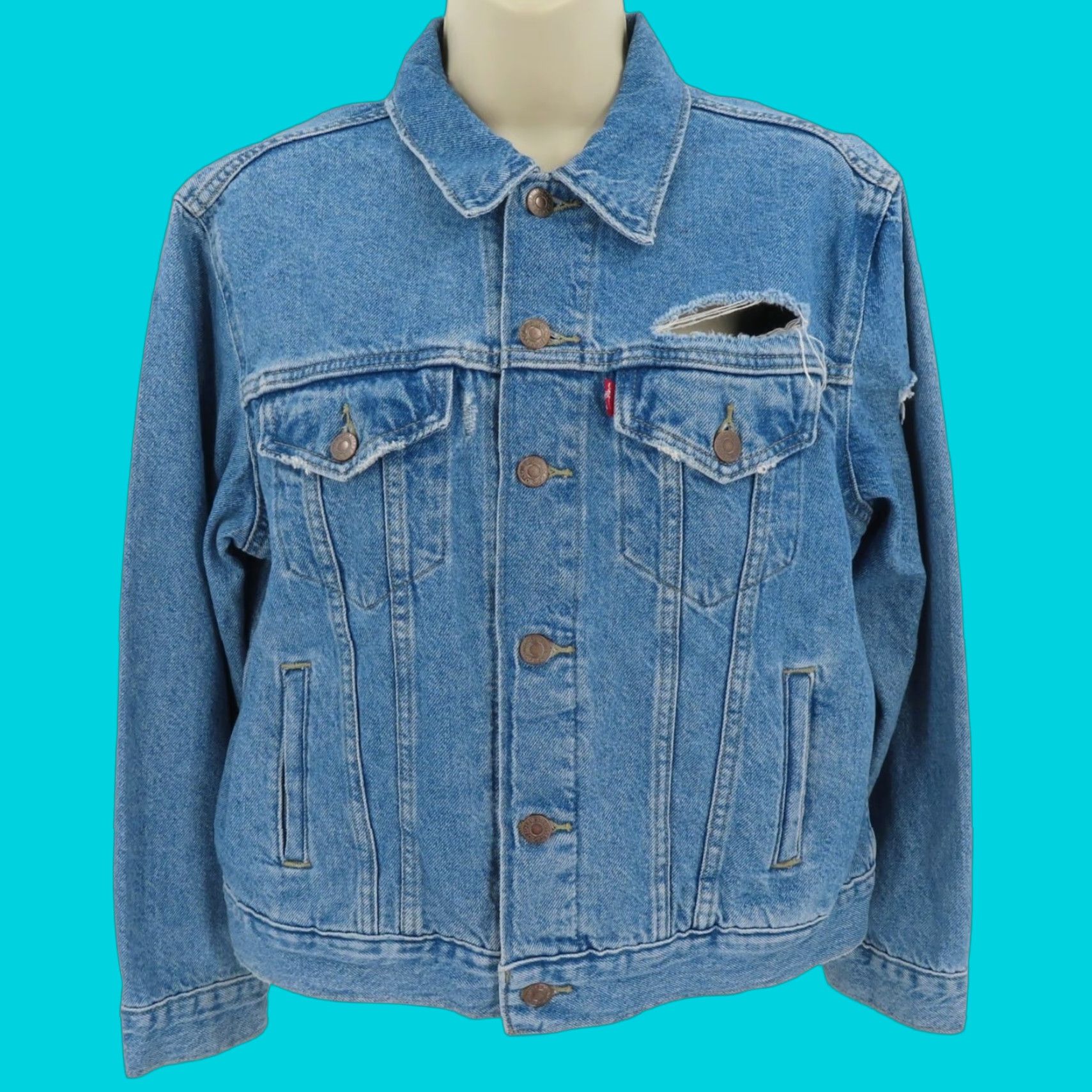 Levi's Levis Womens Medium Ex Boyfriend Trucker Jacket Blue Denim Jean Distressed NEW Size 32" / US 10 / IT 46 - 1 Thumbnail