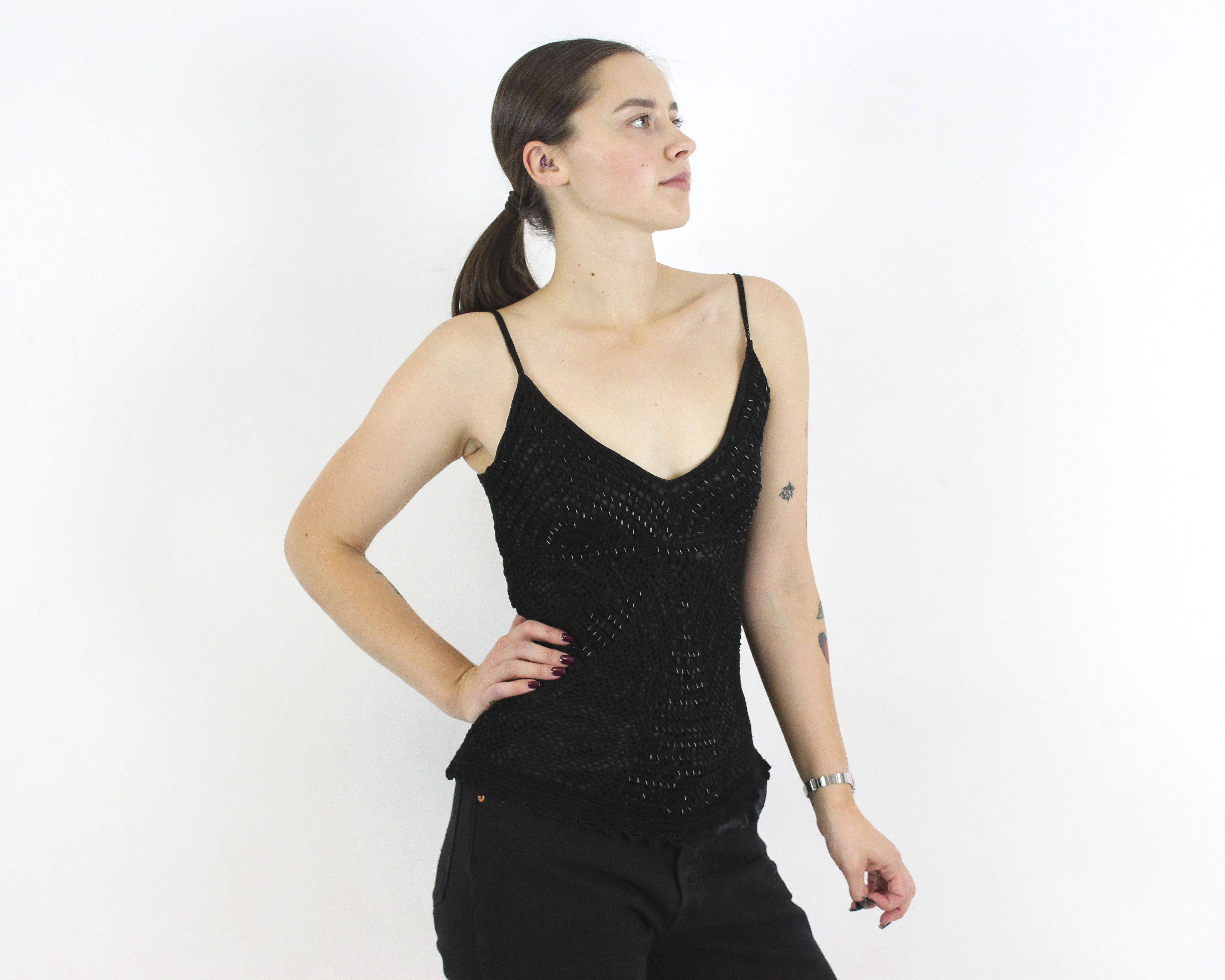 Vintage × s.Oliver Women L US 12 T-Shirt Black Strap Tee V-Neck Blouse Summer Size L / US 10 / IT 46 - 4 Thumbnail