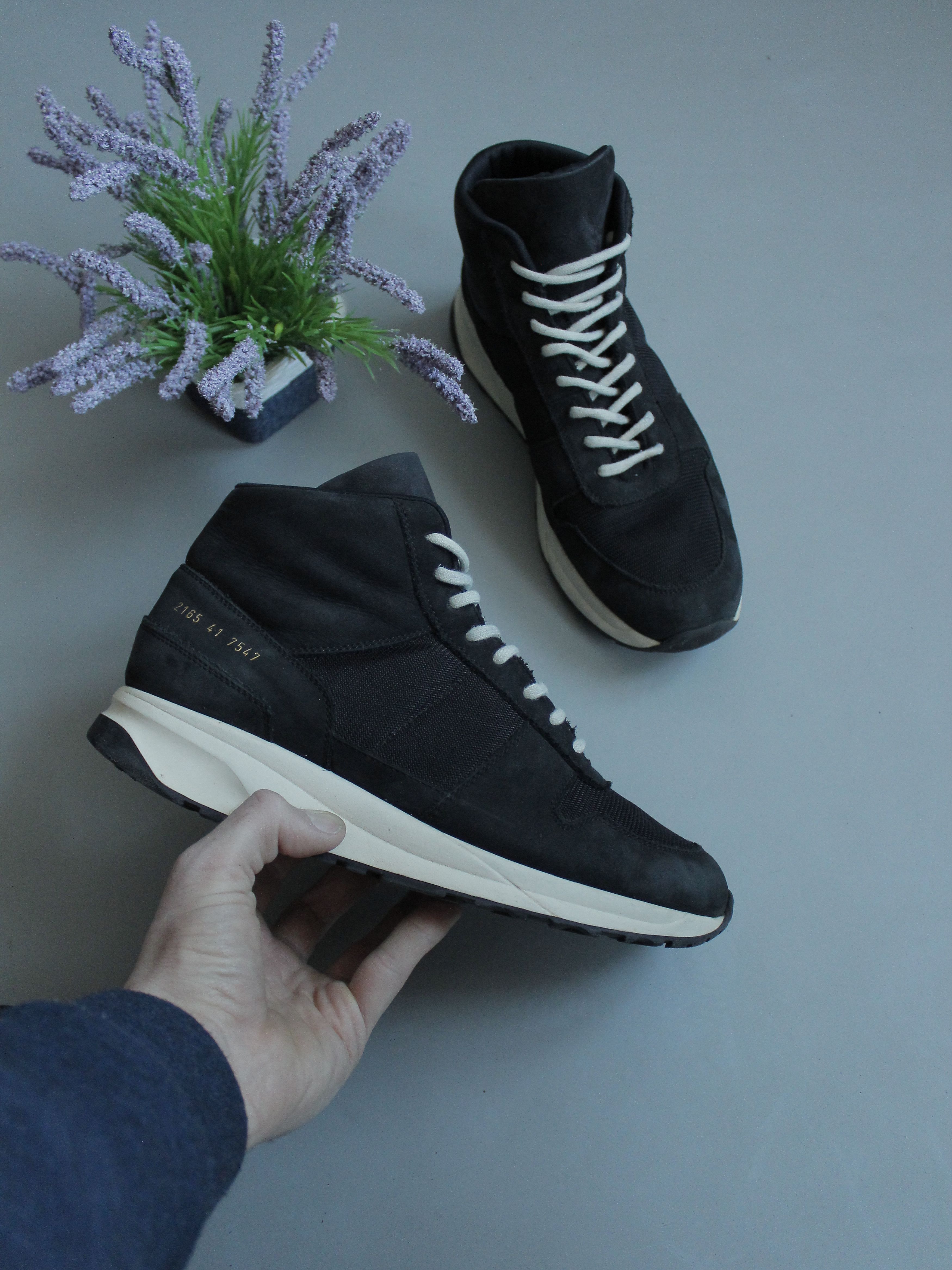 image of Common Projects Track Hi Top Sneakers Nubuck Mesh 41 in Black, Men's (Size 8)