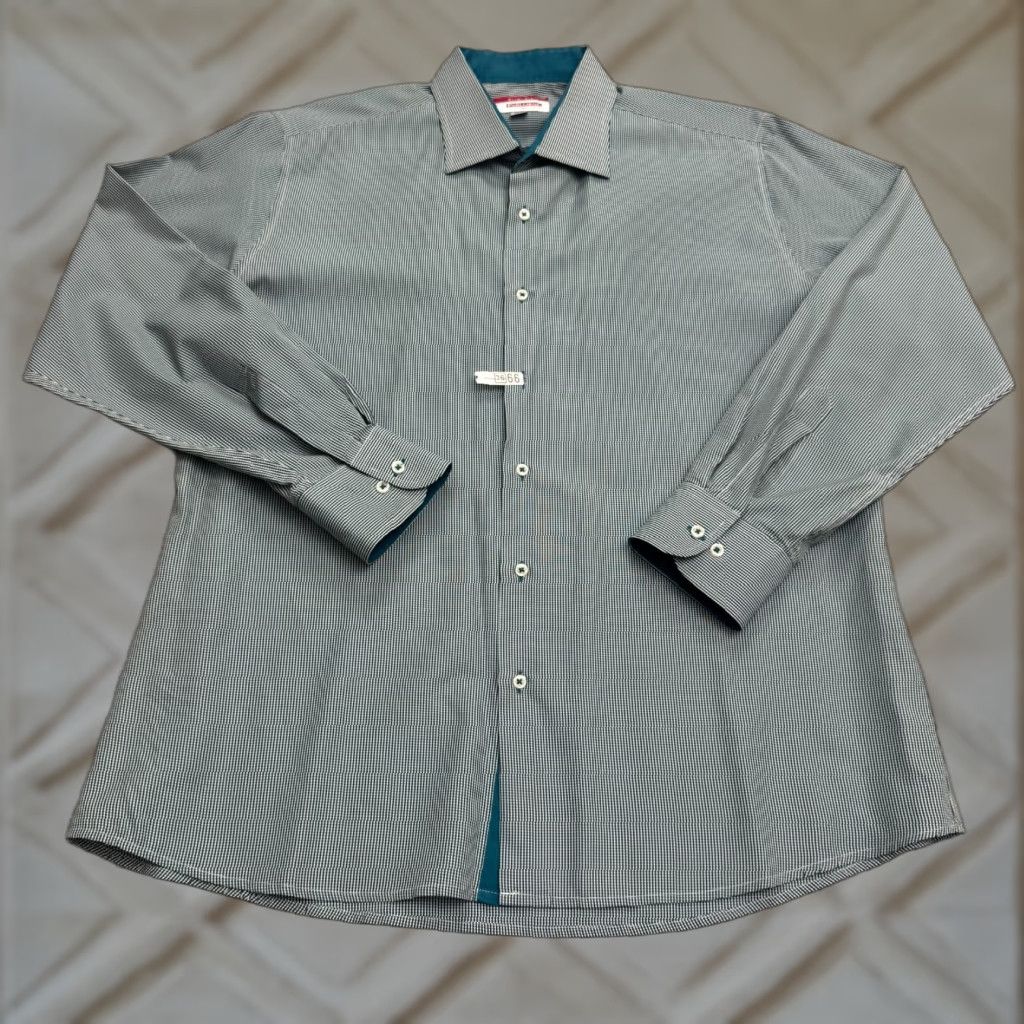 Vintage Parllieni Dress Shirt Mens 17.5 Green Gingham Cotton Blend Long Sleeve Work Casual Size 46R - 1 Thumbnail