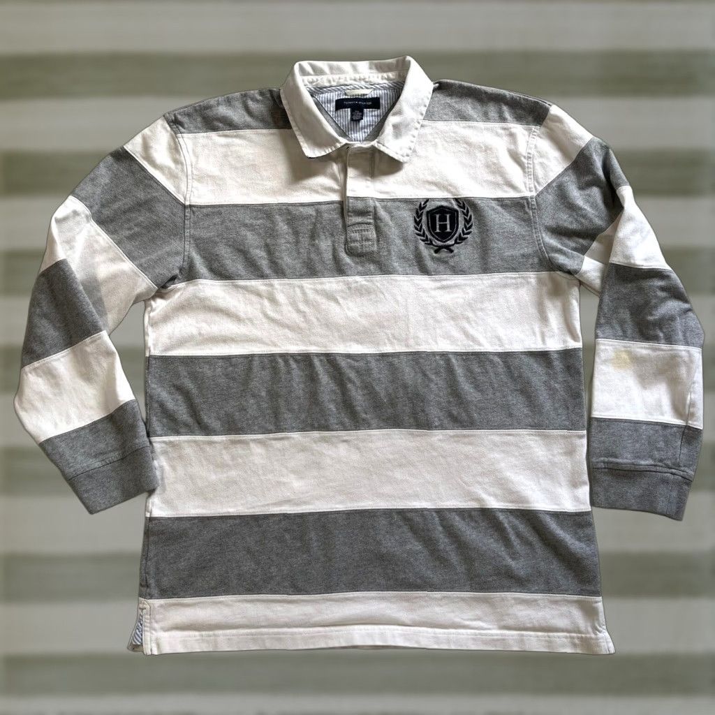 Tommy Hilfiger VINTAGE Tommy Hilfiger Men’s Long Sleeve Rugby Shirt Striped 2XL White Gray Rugby Mens 90s Preppy Shirt Size US XXL / EU 58 / 5 - 1 Thumbnail