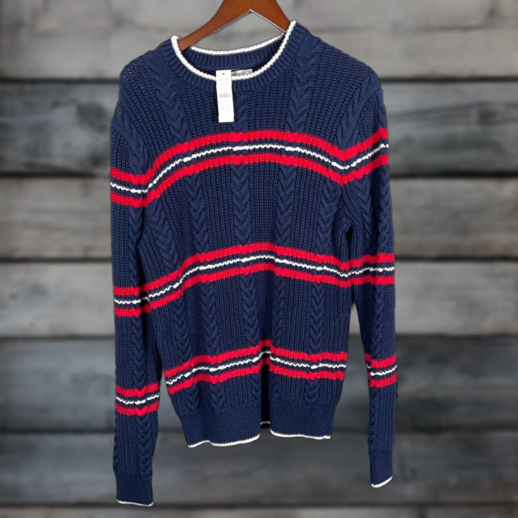 J.Crew VINTAGE J.Crew Sweater Pullover Cable Knit Adult Medium Men’s Fall Winter Dark Blue Red Stripe Unworn Size US M / EU 48-50 / 2 - 1 Thumbnail