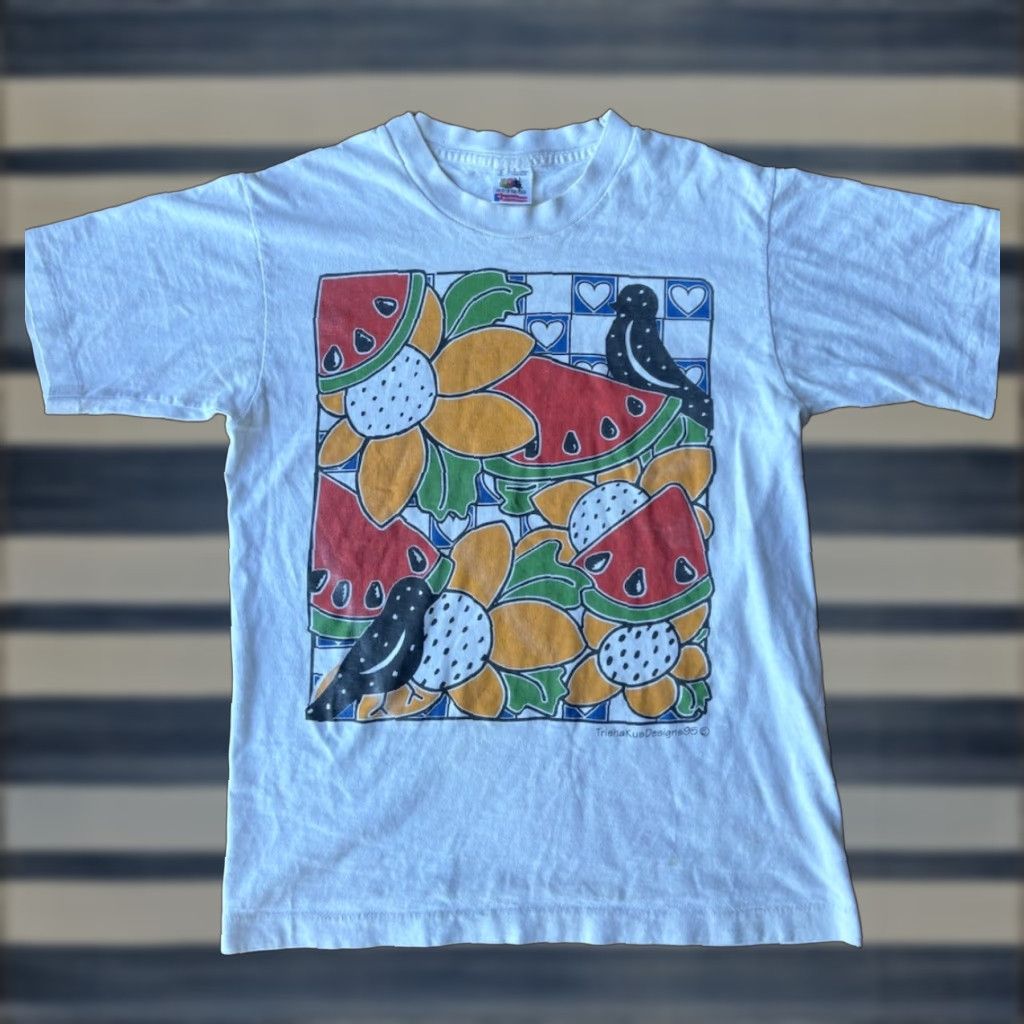 Fruit Of The Loom VINTAGE 90s Watermelon Floral Bird Art T-Shirt Small USA Men's/Unisex Shirts Size US S / EU 44-46 / 1 - 1 Thumbnail