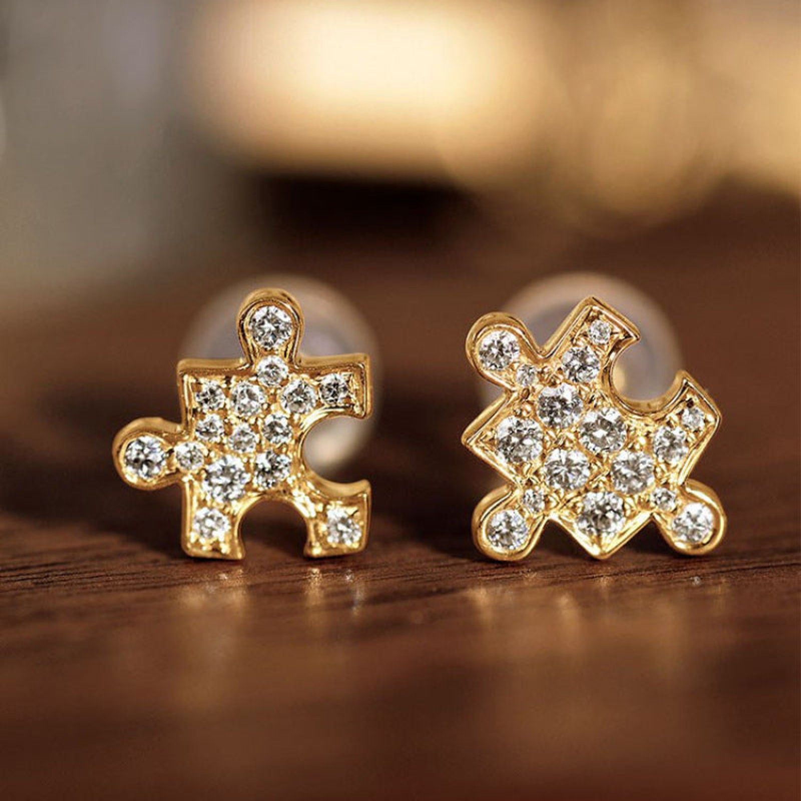 Designer S925 Silver Jigsaw Piece 14K Gold Overlay Zircon Earrings Size ONE SIZE - 6 Thumbnail
