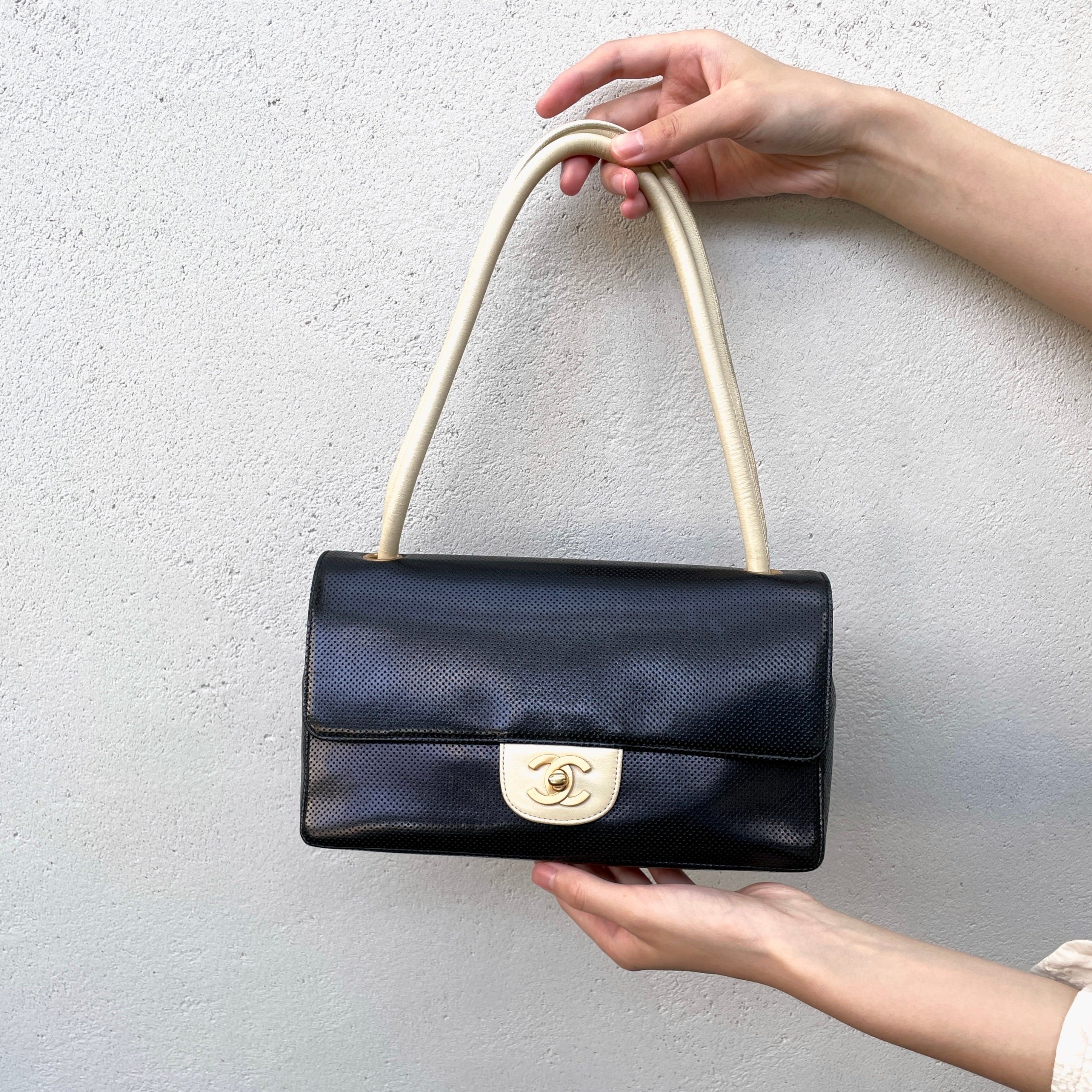Chanel Punched Leather Flap Shoulder Bag In Black And White