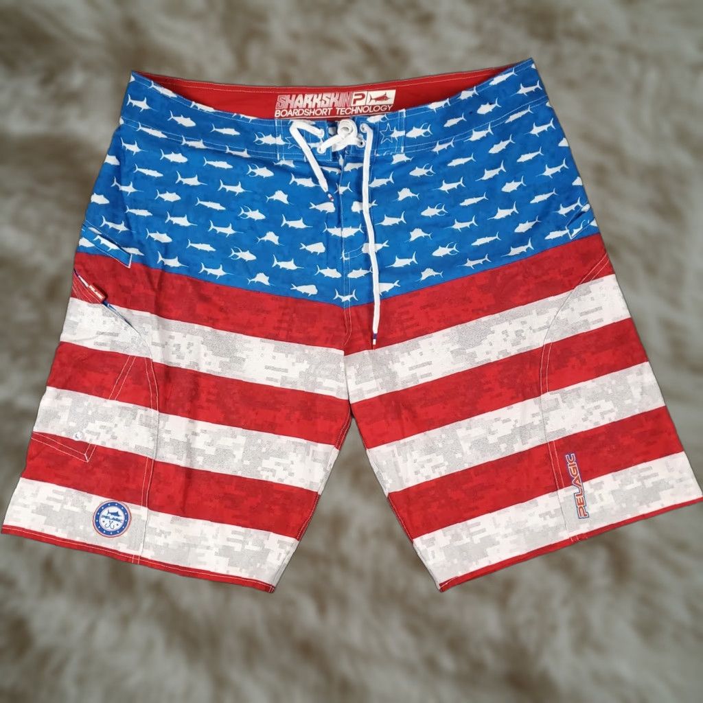 Vintage PELAGIC Mens 40 Blue Red USA Flag Striped Board Shorts Swim Trunks Surf Shorts Size US 40 / EU 56 - 1 Thumbnail