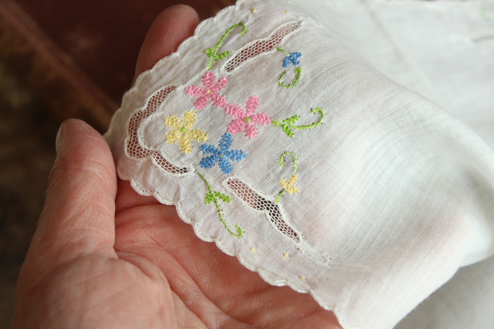 Vintage Vintage Handkerchief, Pink Blue and Yellow Flower Embroidery Size ONE SIZE - 6 Thumbnail