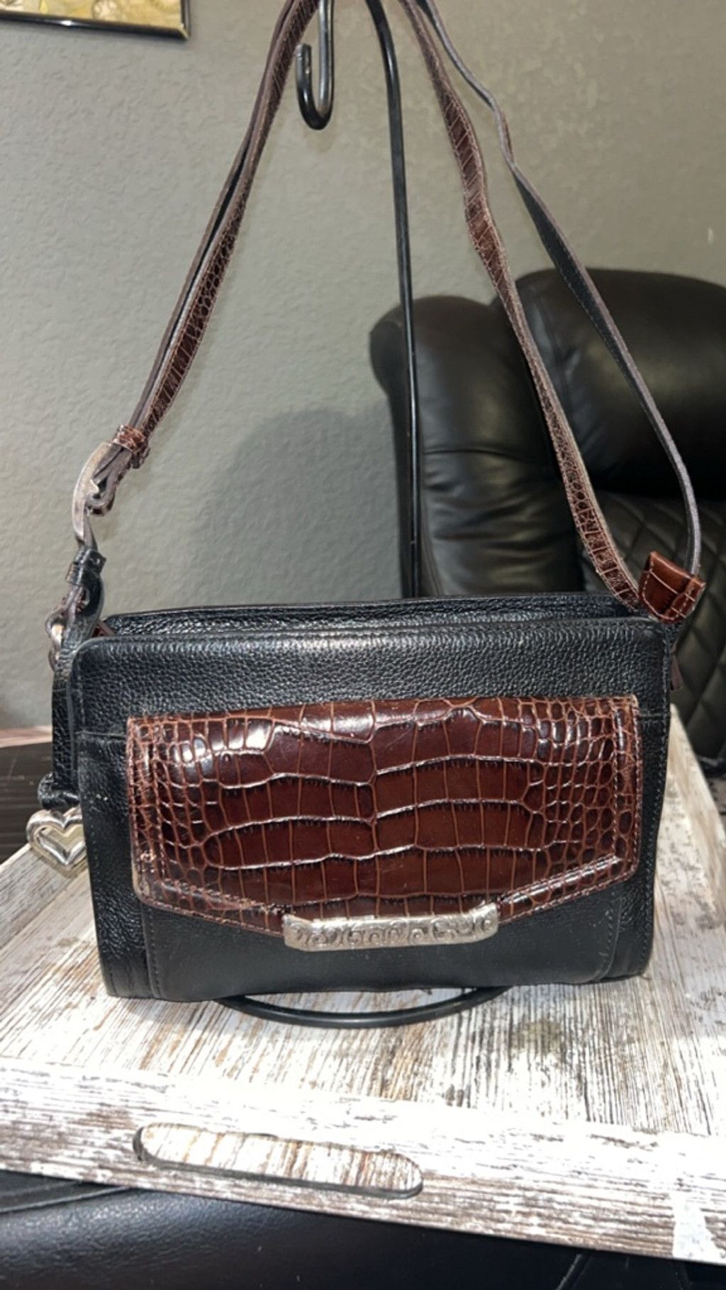 Brighton Women's Brighton Black Brown Croc Embossed Crossbody Bag One Size ONE SIZE - 1 Thumbnail