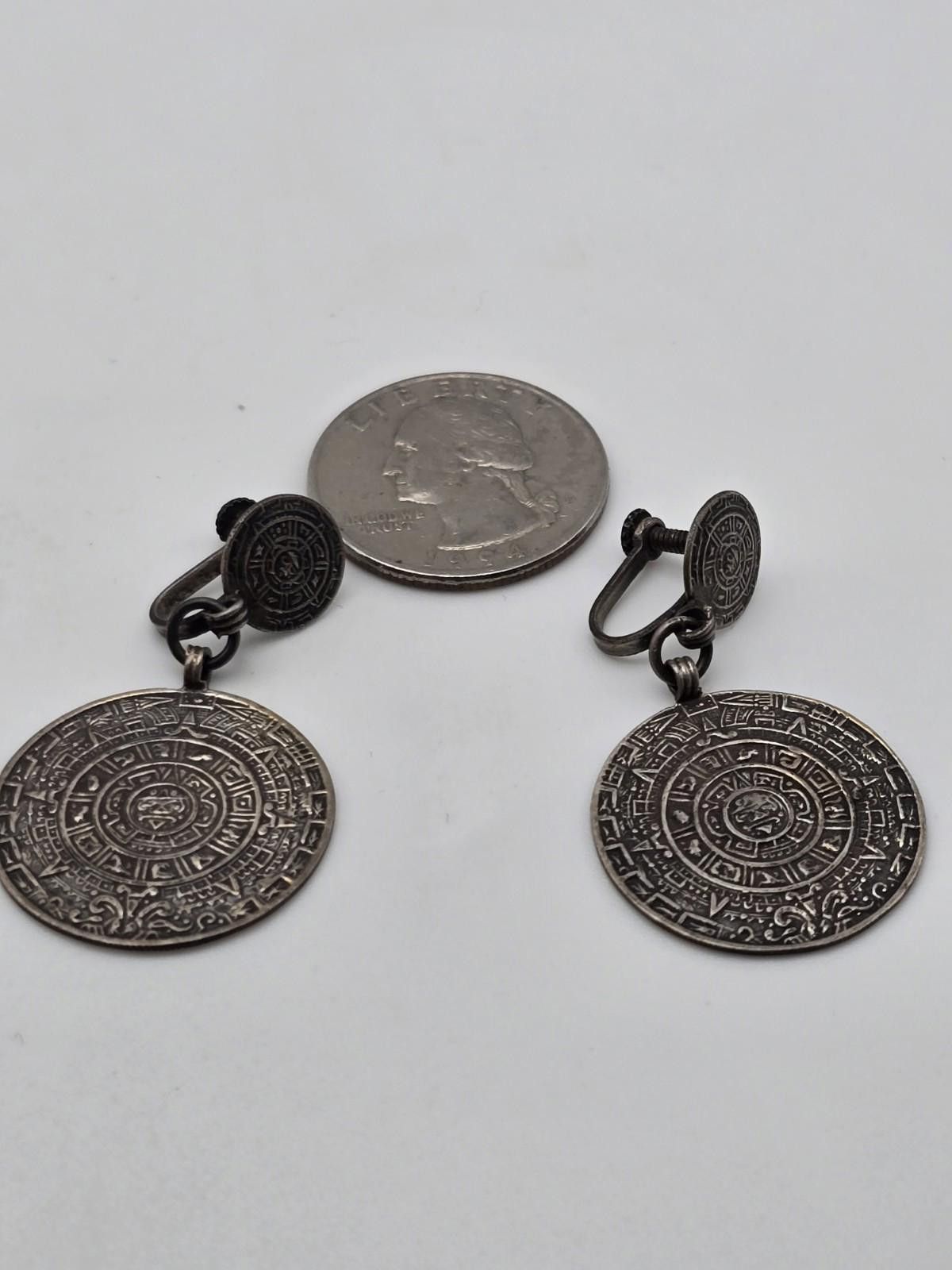 Sterling Silver Vintage Mexican Sterling Aztec Calendar Earrings 1950s Size ONE SIZE - 1 Thumbnail