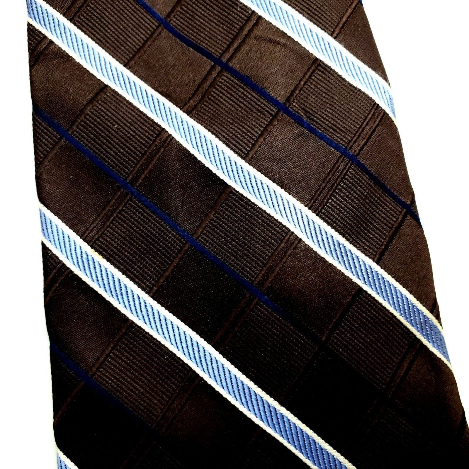 Joseph Abboud Joseph Abboud Silk Tie Brown Woven Plaid Blue Striped Classi Size ONE SIZE - 2 Thumbnail