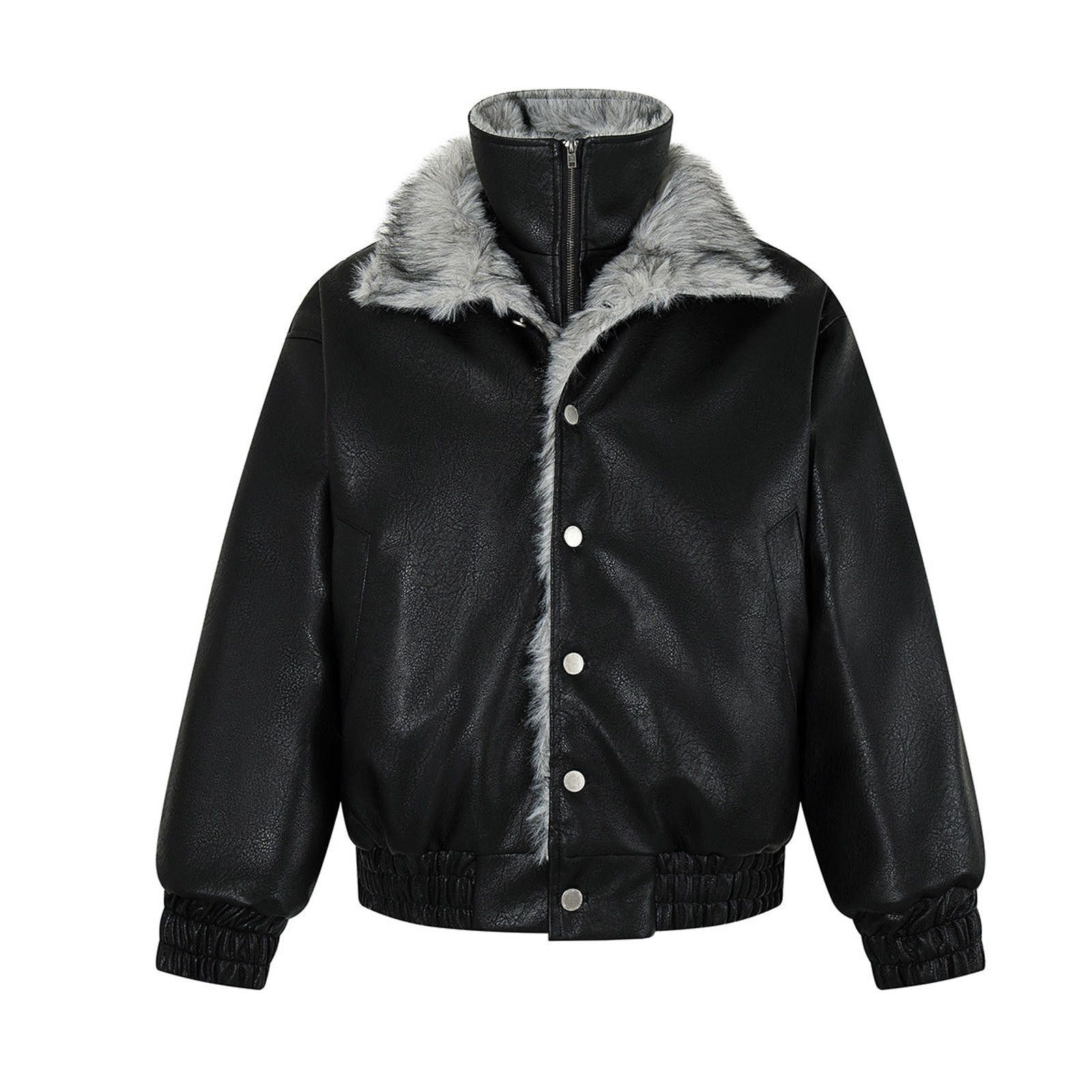 Japanese Brand Black Faux Leather Bomber Jacket with Grey Faux Fur Collar Size US M / EU 48-50 / 2 - 1 Thumbnail