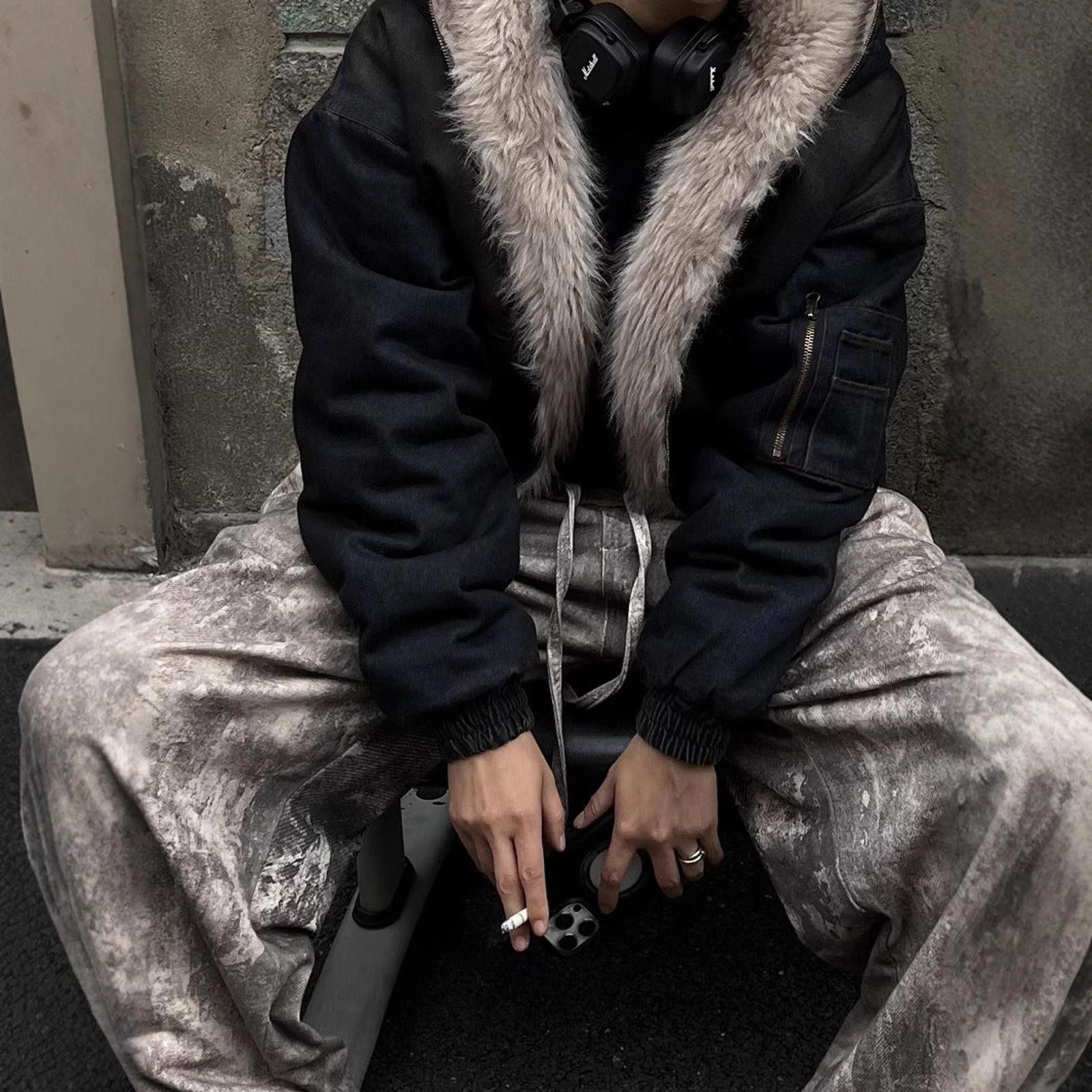 Japanese Brand Black Faux Fur Lined Bomber Jacket, Warm Winter Coat Size US M / EU 48-50 / 2 - 2 Thumbnail