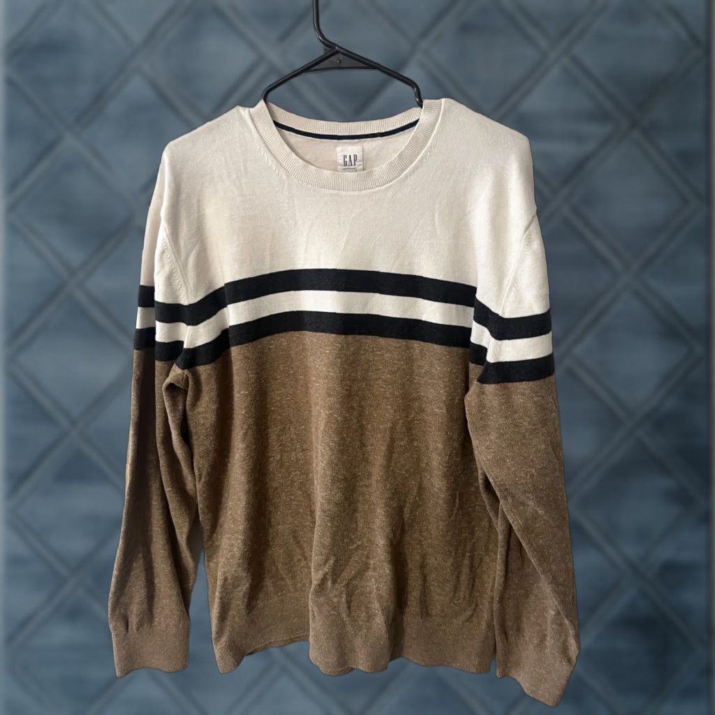 Gap VINTAGE Gap Men’s Brown/Ivory Striped Cotton Crewneck Sweater XL Size Mens Size US XL / EU 56 / 4 - 1 Thumbnail