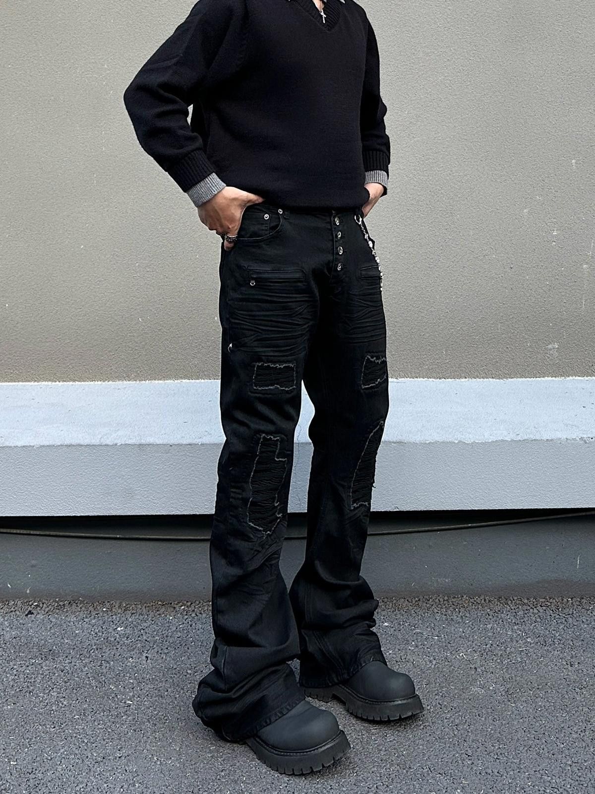 Japanese Brand Black Distressed Baggy Wide Leg Jeans, Barrel Leg Jeans Size US 32 / EU 48 - 5 Thumbnail
